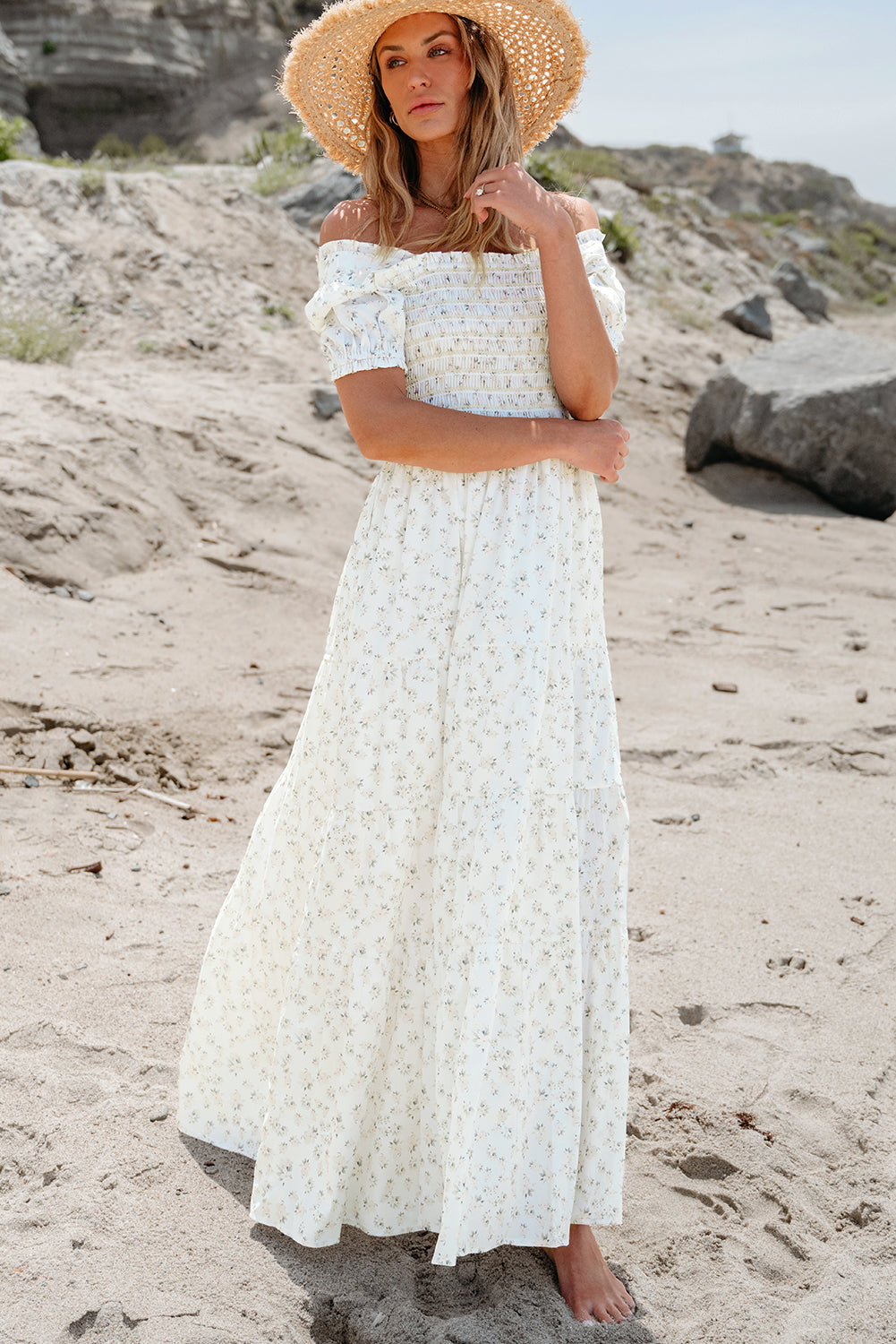 White Frilly Shirred Bodice Tiered Floral Maxi Dress S-2XL