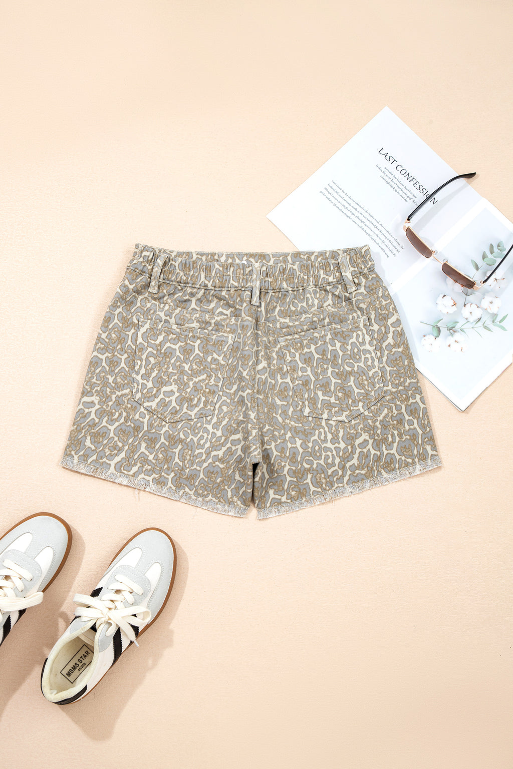 Khaki Raw Edge Leopard Print Denim Shorts | UK 8–20