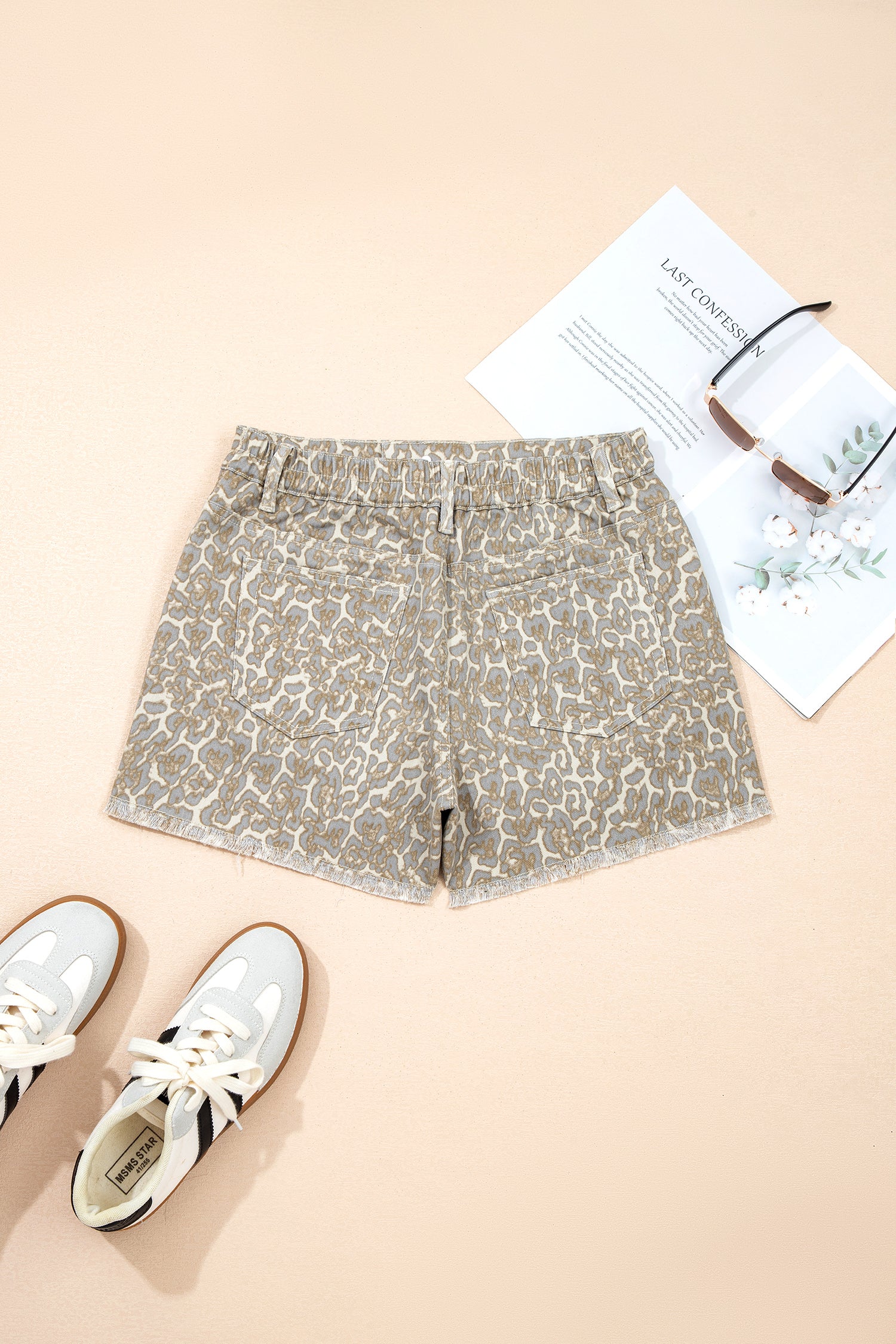 Khaki Raw Edge Leopard Print Denim Shorts | UK 8–20
