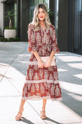Brown Floral Print Belted Striped Trim Tiered Maxi Dress | Boho Summer