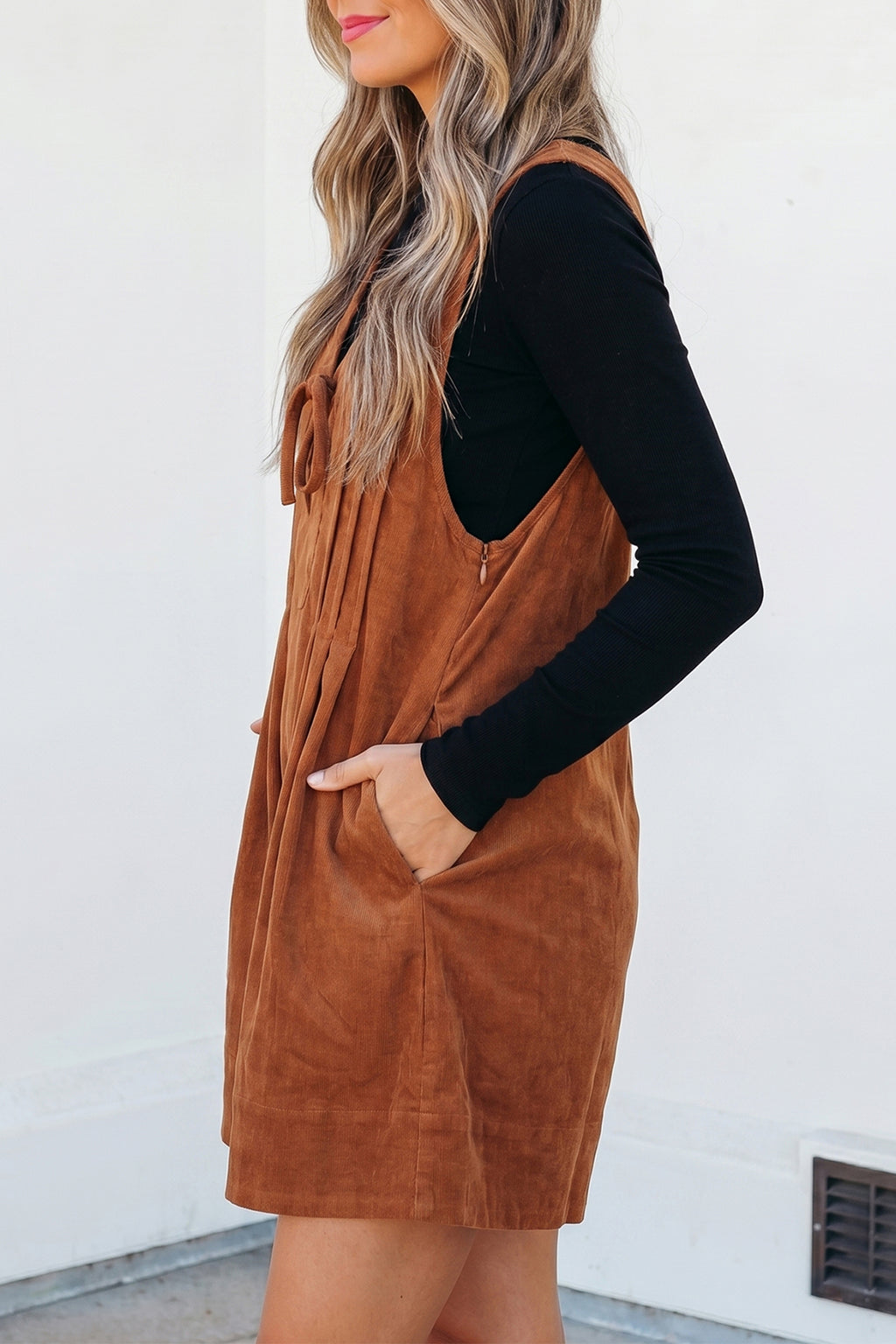 Cinnamon Solid Tie V Neck Sleeveless Corduroy Romper | UK 8–22