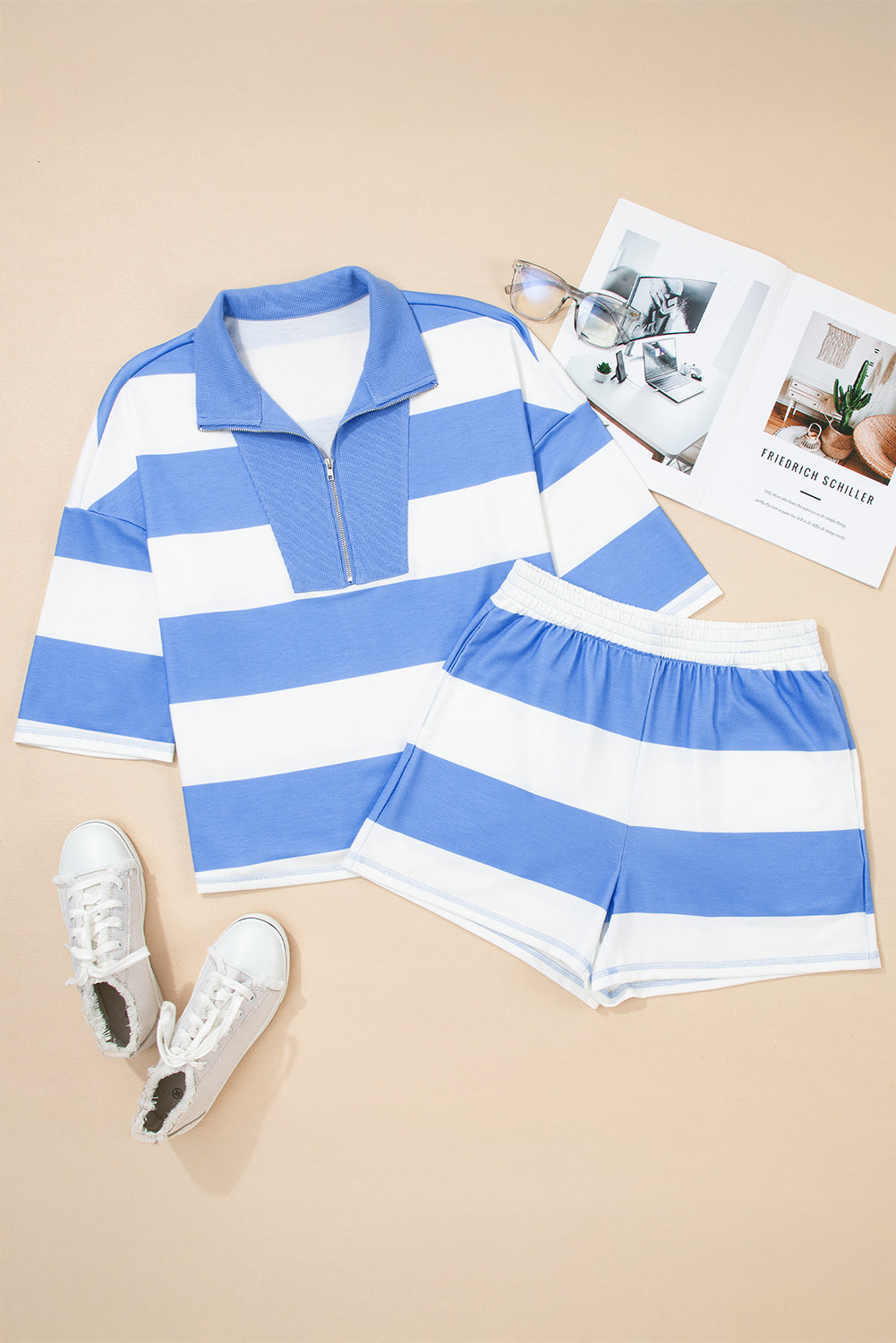 Seam Detail Half-Zip Tee & Casual Shorts Co-ord | Pink, Sky Blue & Yellow Stripe