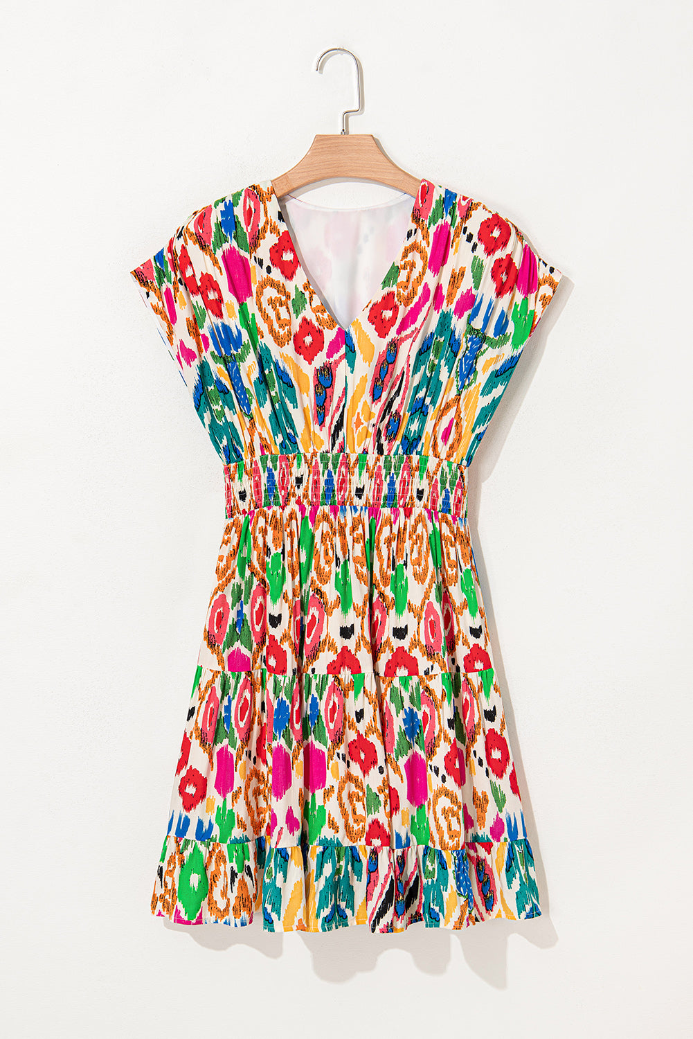 Women's Abstract Print V-Neck Dolman Sleeve Ruffle Tiered Mini Dress S-XL at LivelyLooks