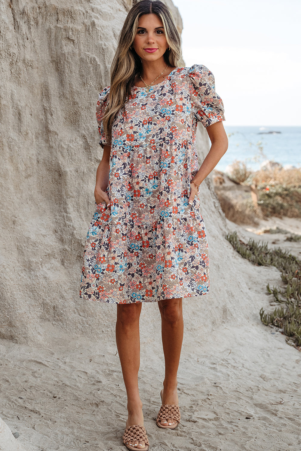 LivelyLooks Beige Boho Floral Puff Sleeve Crew Neck Mini Dress women's fashion