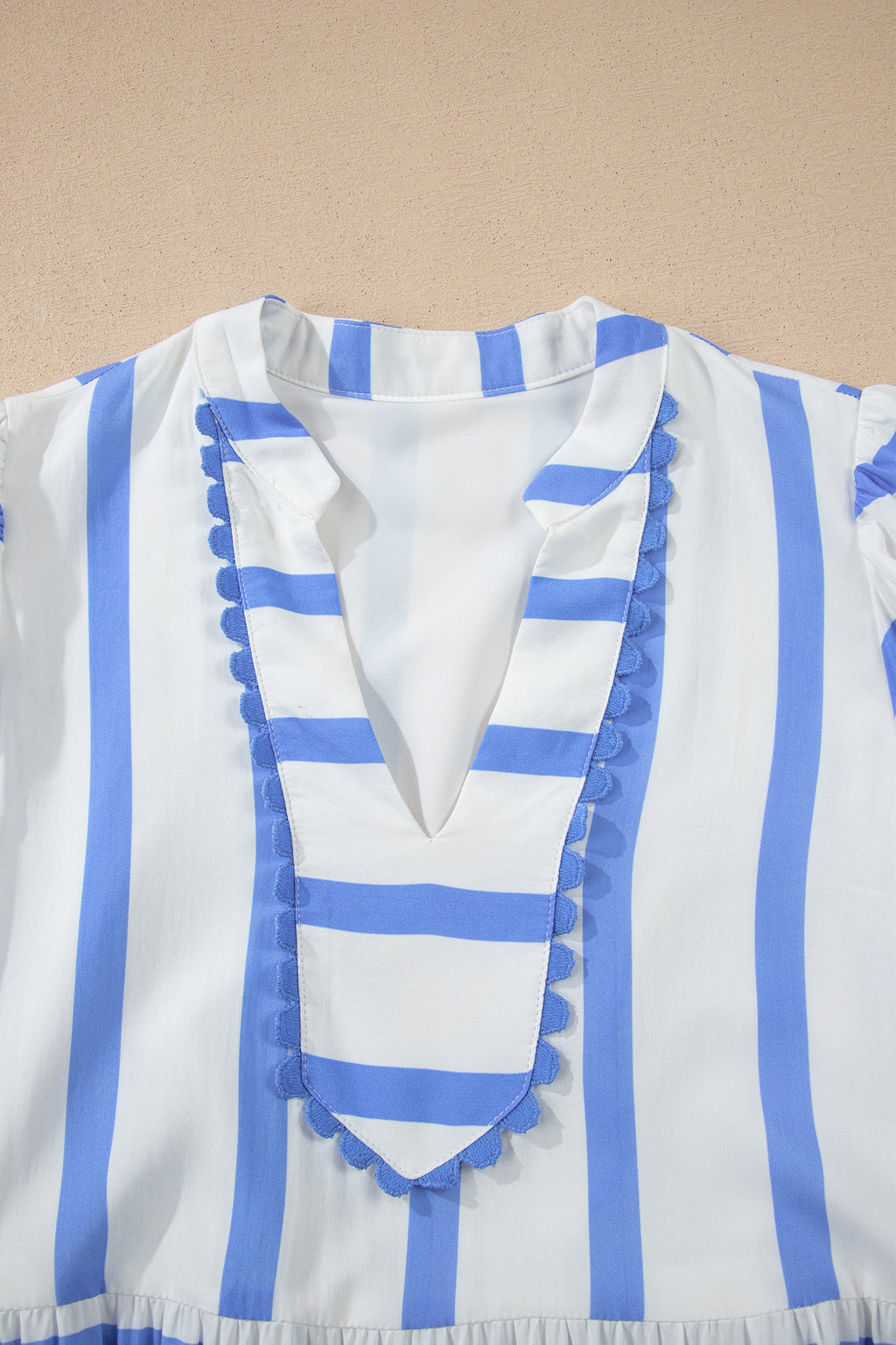 Women's Stripe Ricrac Notch V-Neck Puff Sleeve Midi Dress Green Sky Blue S-XL at LivelyLooks