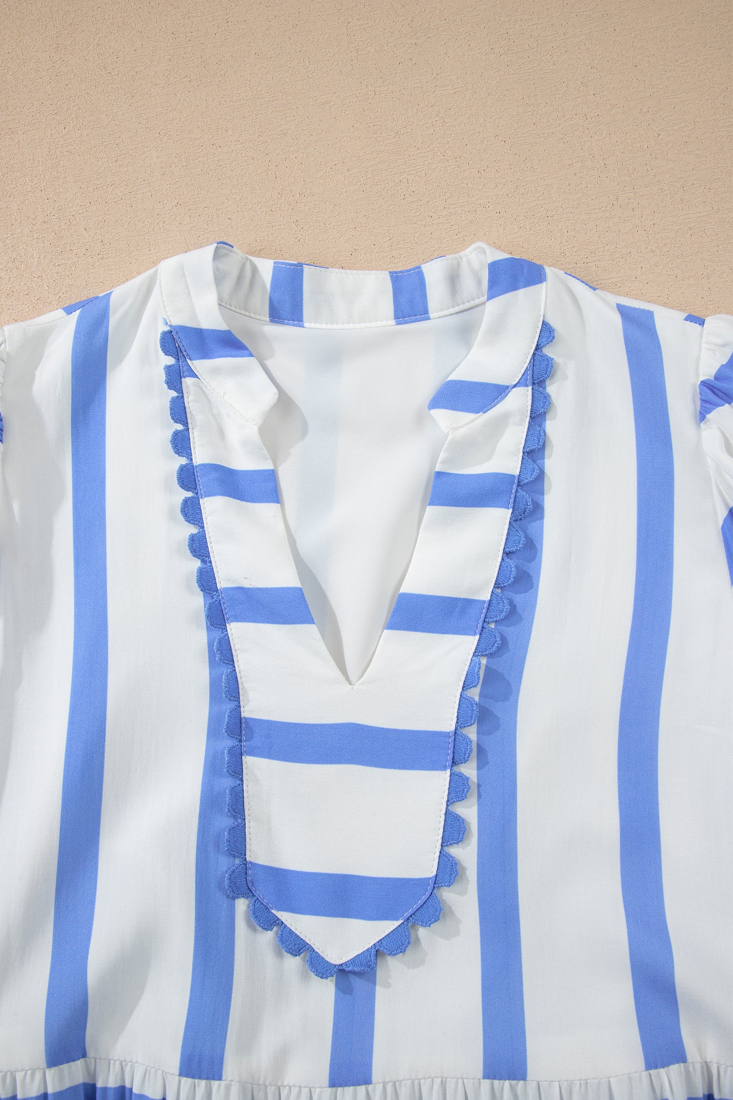 Women's Stripe Ricrac Notch V-Neck Puff Sleeve Midi Dress Green Sky Blue S-XL at LivelyLooks