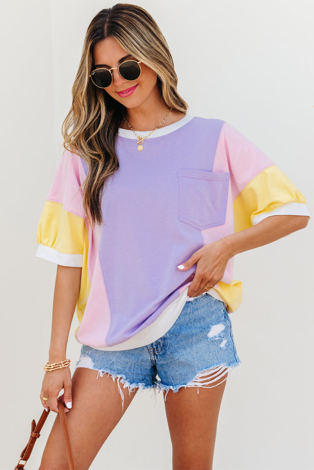 Women's Colour Block Patchwork Oversized T-Shirt Half Sleeve | Purple at LivelyLooks