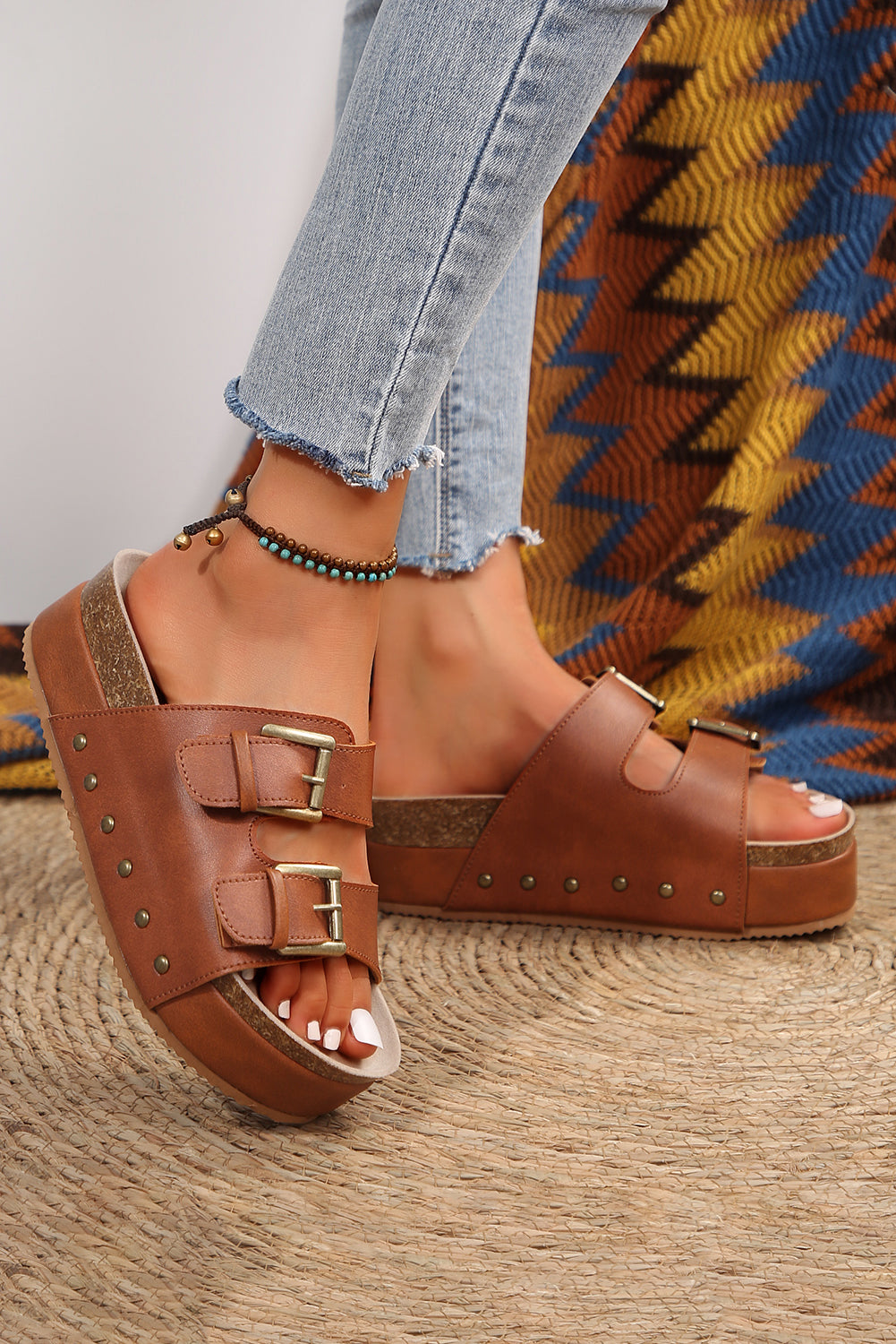 LivelyLooks Women's Chestnut Dual Buckle Studded Platform Sandals EU 37-42 women's fashion