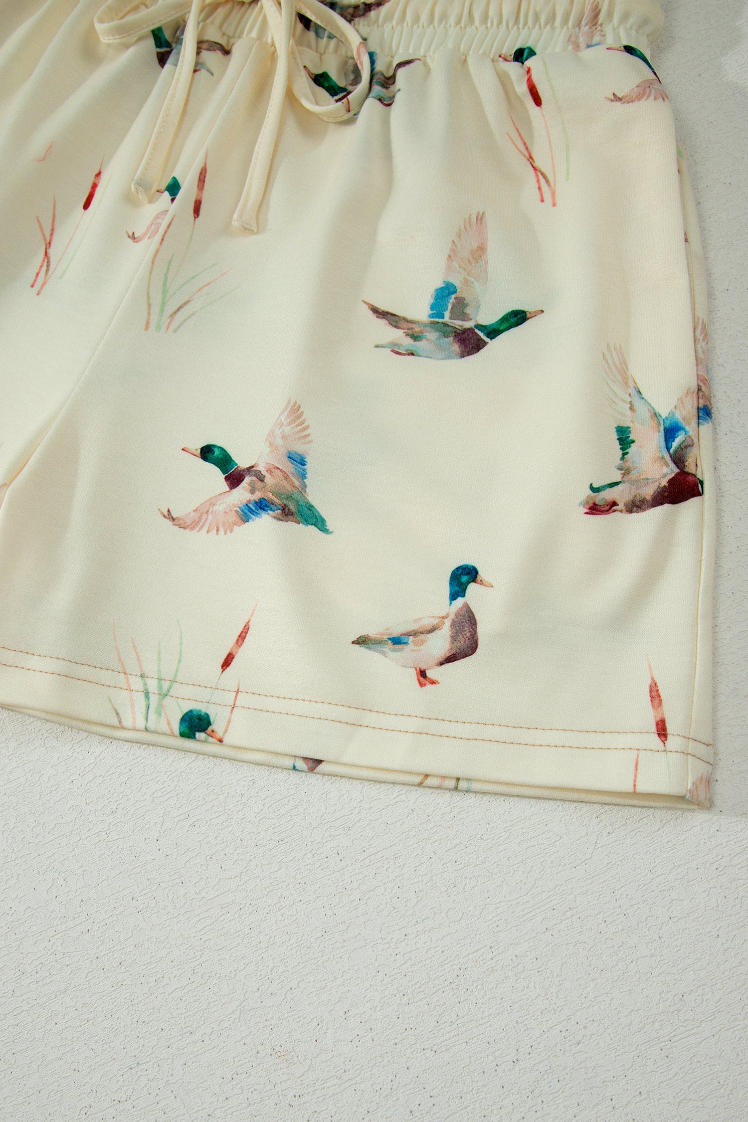 Beige Mallard Duck Print Oversized Tee & Drawstring Shorts Set Women S-XL