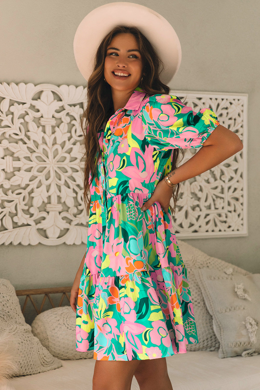 Women's Green Floral Puff Sleeve Collar Buttoned Babydoll Dress Summer Boho Mini Sundress at LivelyLooks