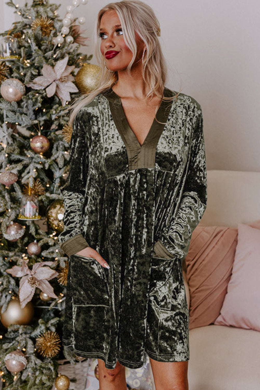Jungle Green Velvet V Neck Long Sleeve Loose Dress with Pockets S-XL