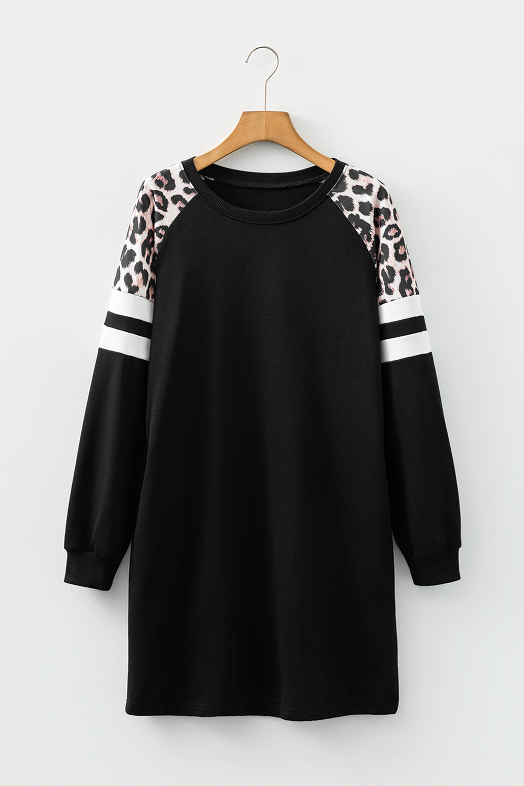 Women's Black Leopard Print Patchwork Varsity Raglan Sleeve Sweatshirt Dress at LivelyLooks