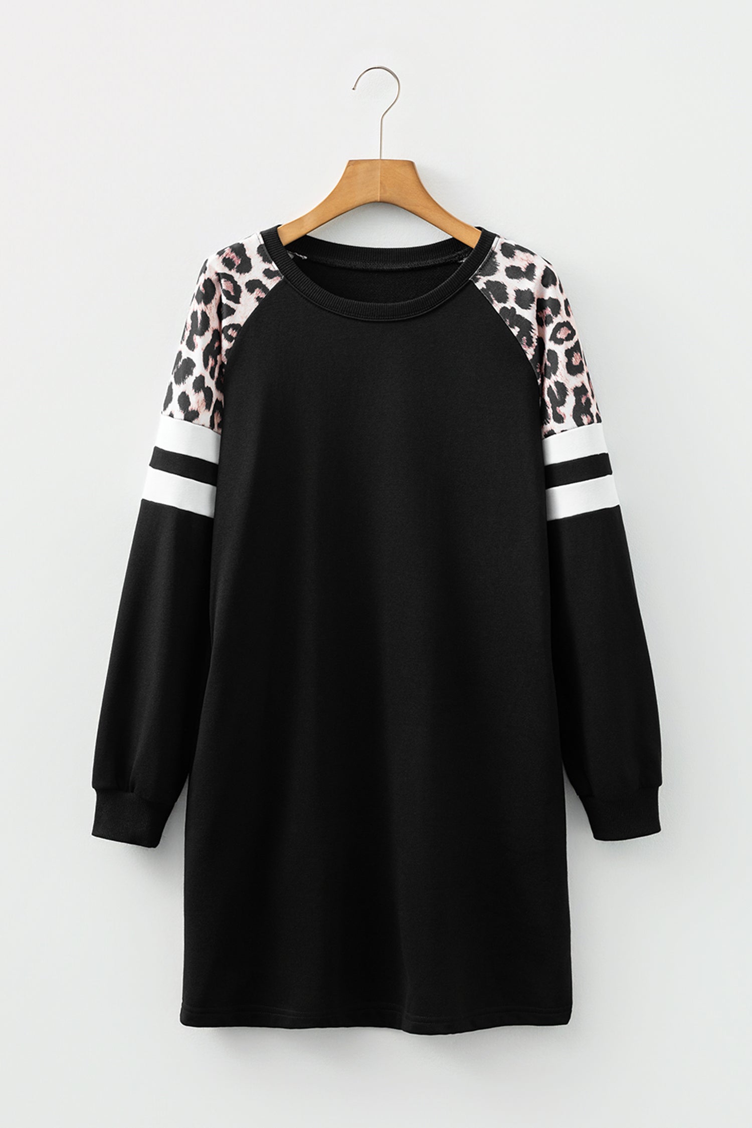 Women's Black Leopard Print Patchwork Varsity Raglan Sleeve Sweatshirt Dress at LivelyLooks