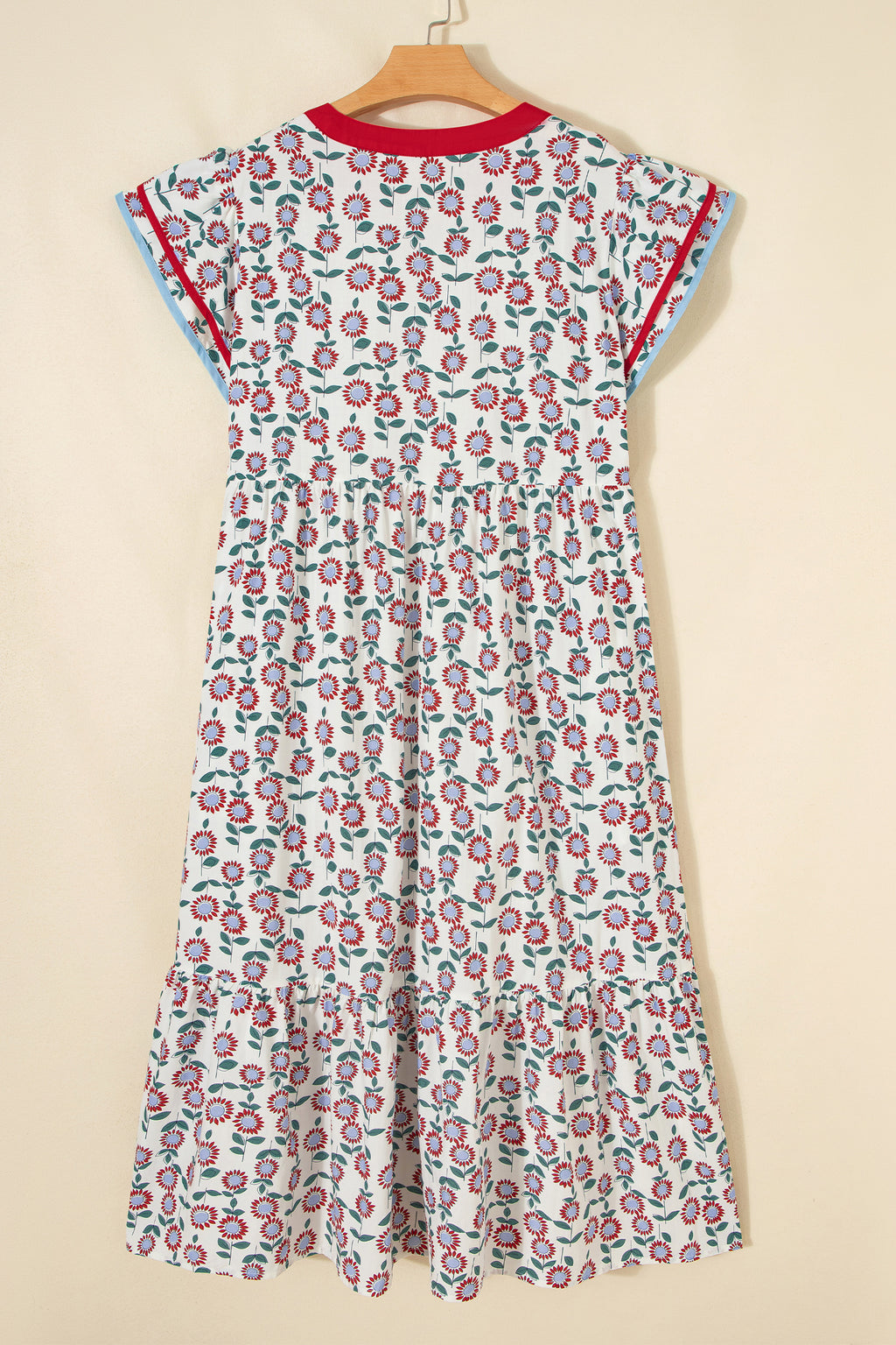 Sunflower Print Flutter Sleeve Maxi Dress Striped Trim Sky Blue Red UK 8-22