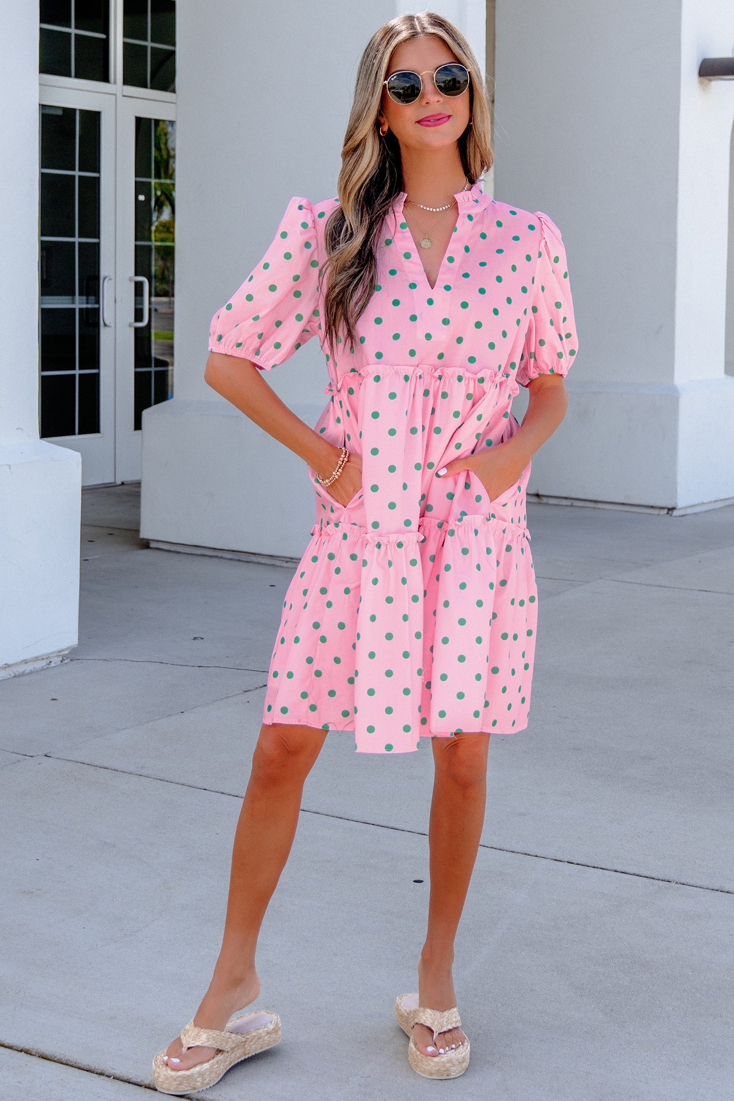 Pink Polka Dot Print V Neck Short Sleeve Tiered Mini Dress | UK 8–22