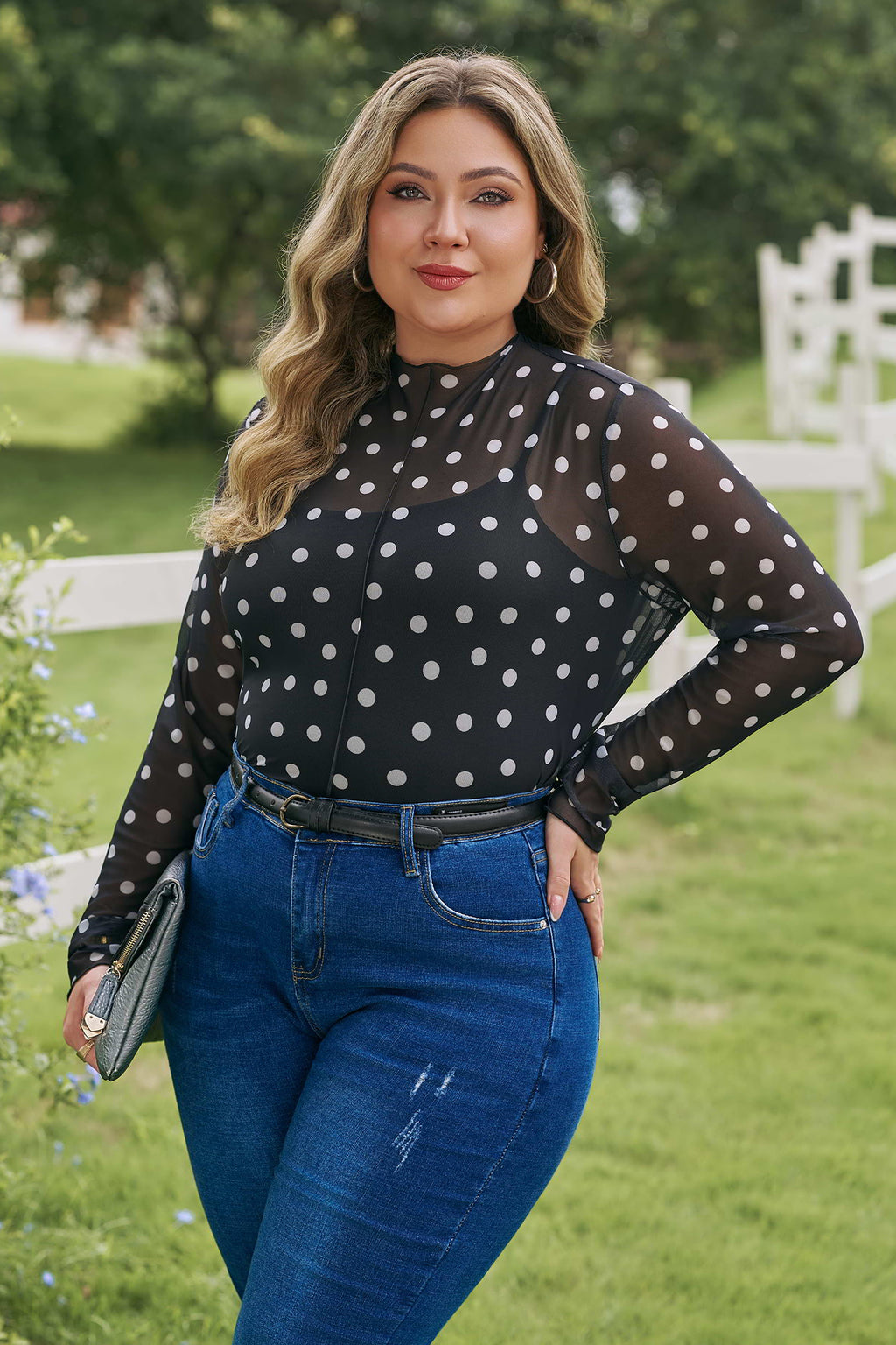 Black Plus Size Polka Dot Mock Neck Long Sleeve Mesh Top