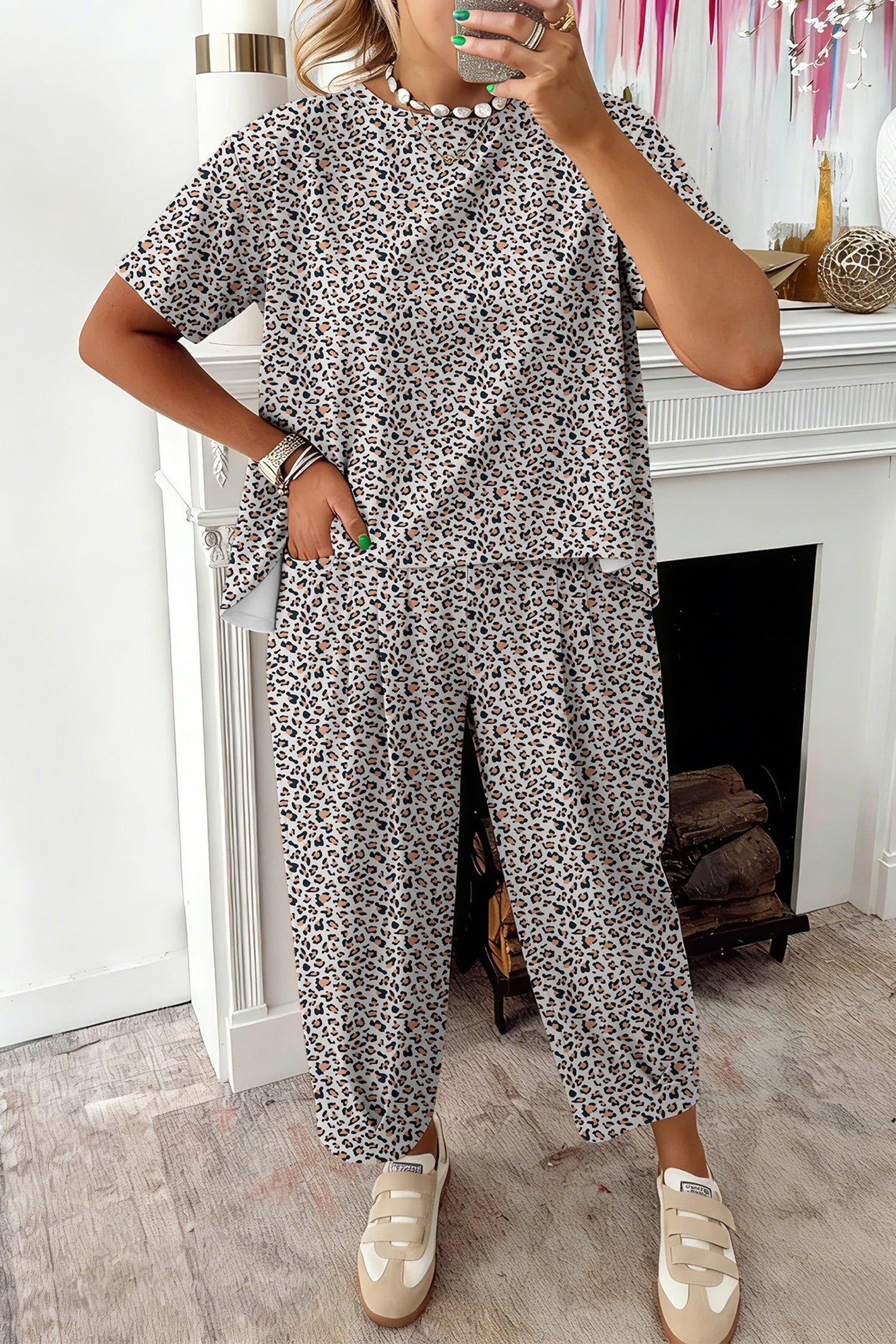 Leopard High-Low Loose Tee & Ankle Length Pants Set | Brown & White | UK 8–16