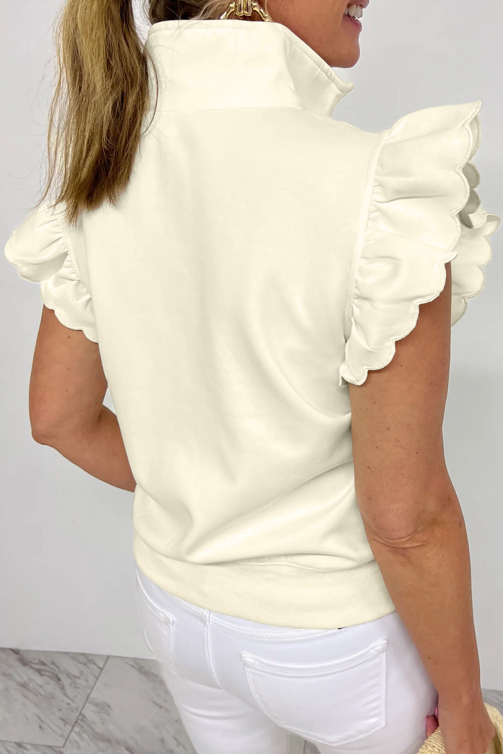 LivelyLooks Zip-Up Collared Ruffled Short Sleeve Blouse women's fashion