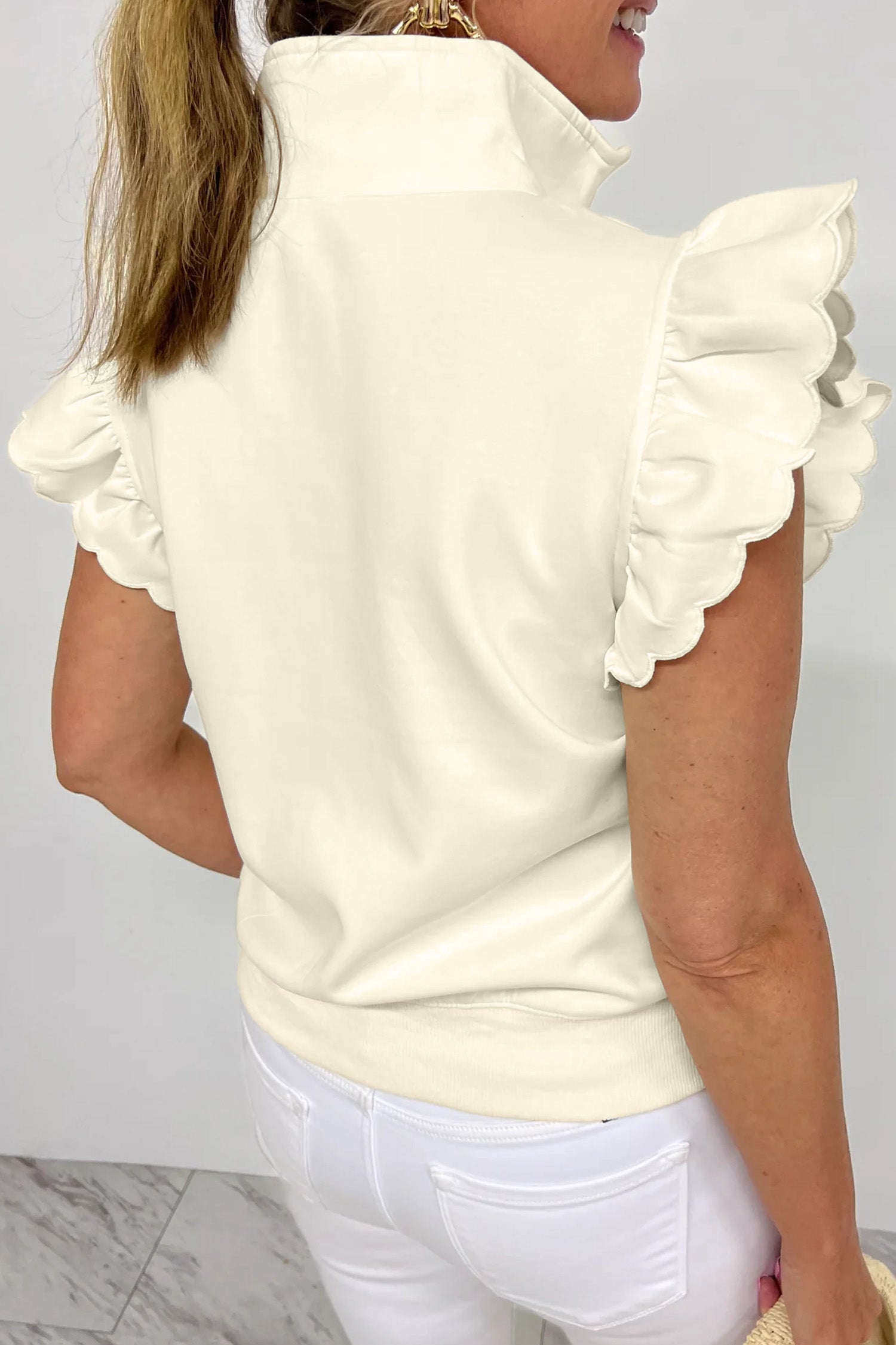 LivelyLooks Zip-Up Collared Ruffled Short Sleeve Blouse women's fashion