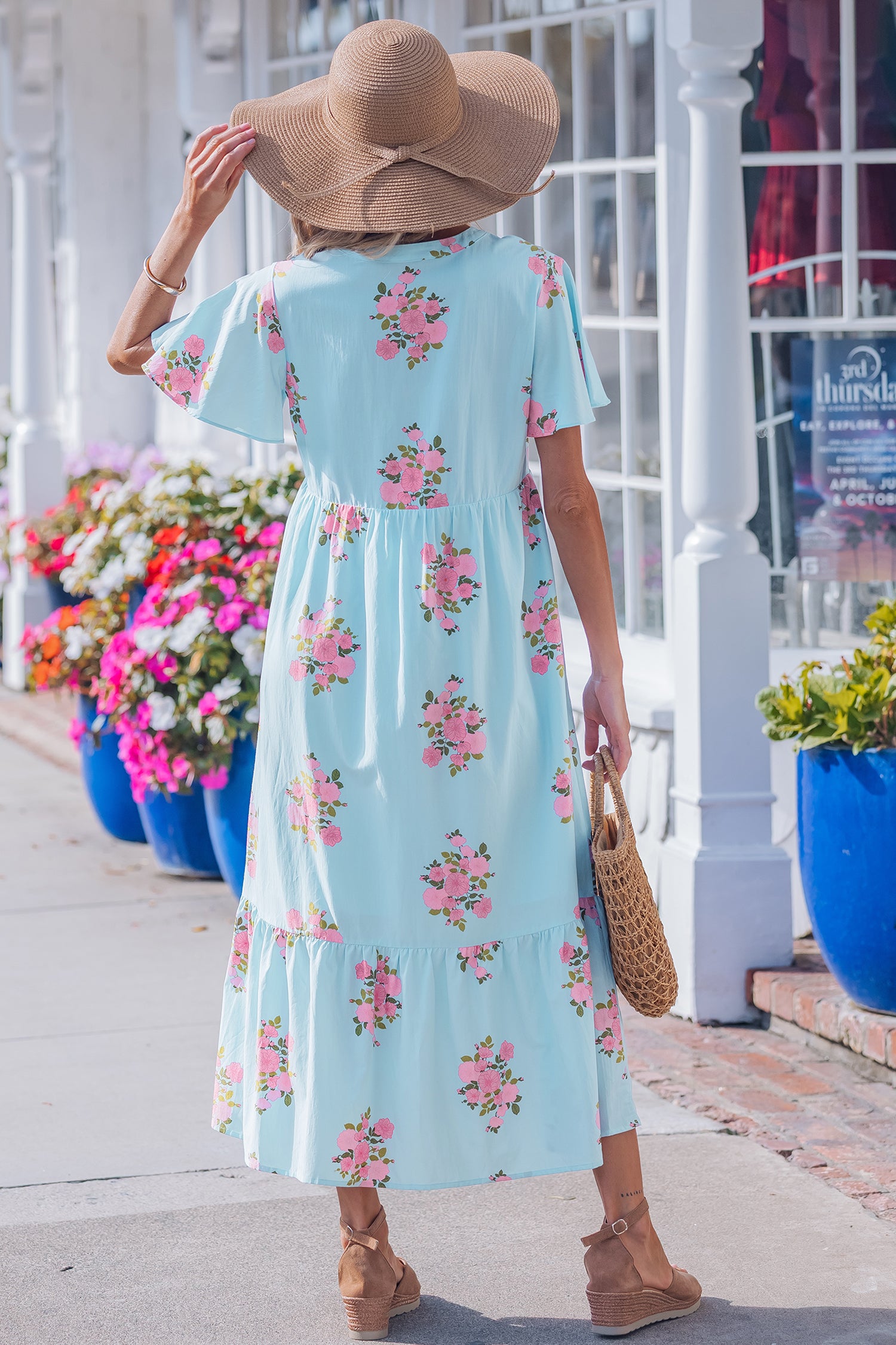 Women's Women's Floral Maxi Dress Flutter Sleeve Notched Neck Summer Holiday Pink Blue at LivelyLooks