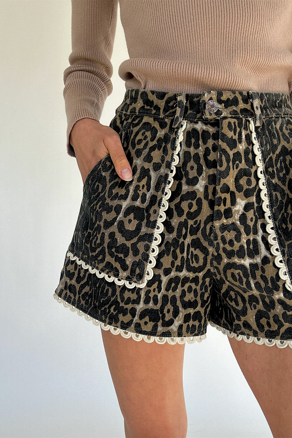 Shop Khaki Leopard Denim Shorts Scalloped Lace Trim Women S-XL at LivelyLooks