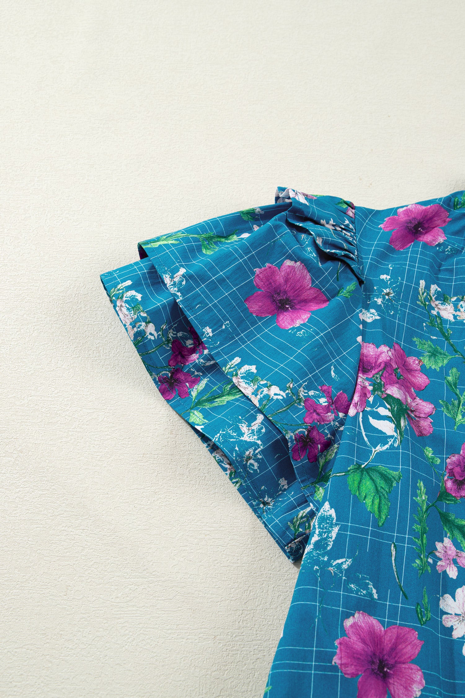 Blue Floral Flutter Sleeve Button Tie Split Neck Belted Long Dress S-XL