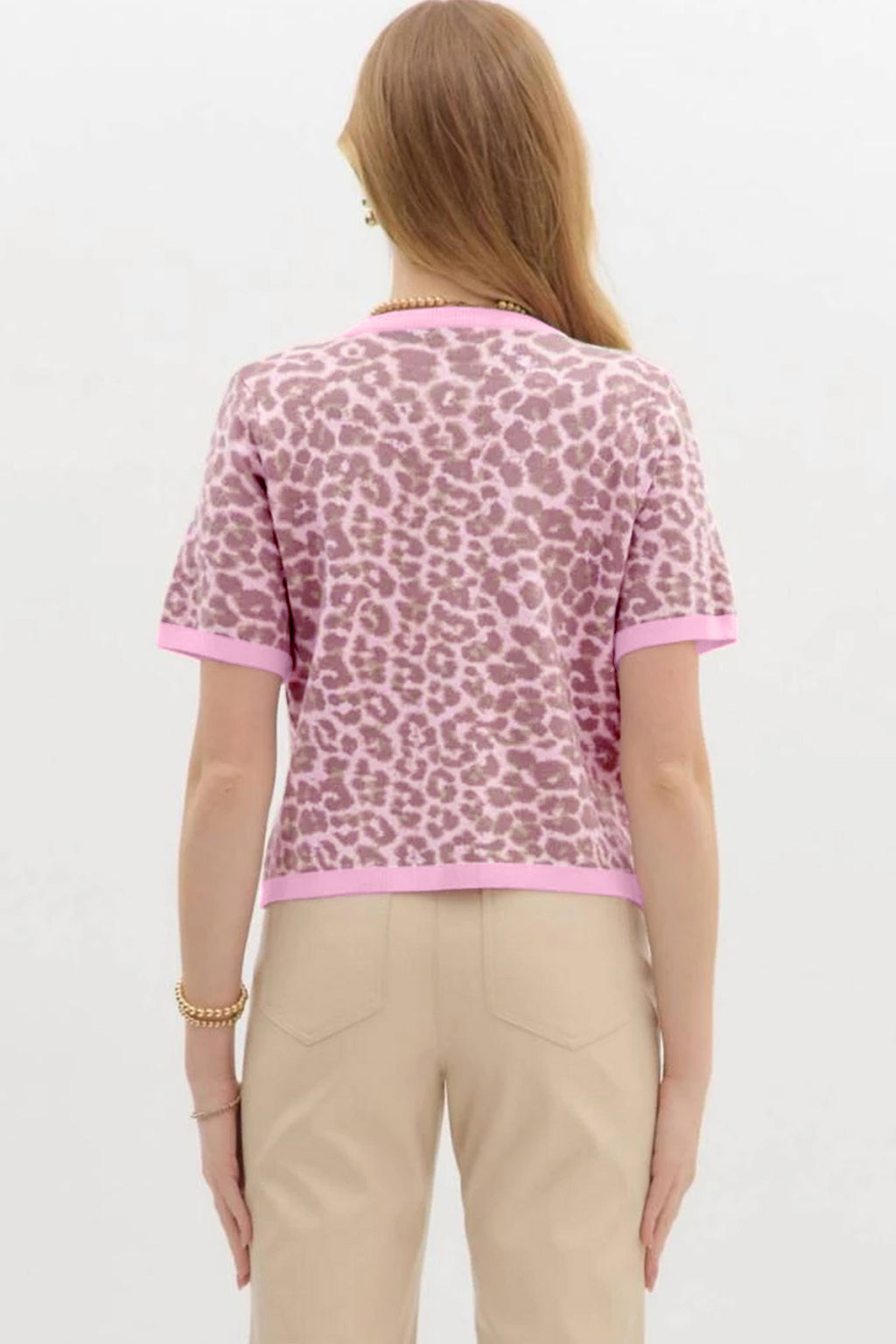 Pink Leopard Print Sweater Cardigan Button Down Short Sleeve Women S-XL