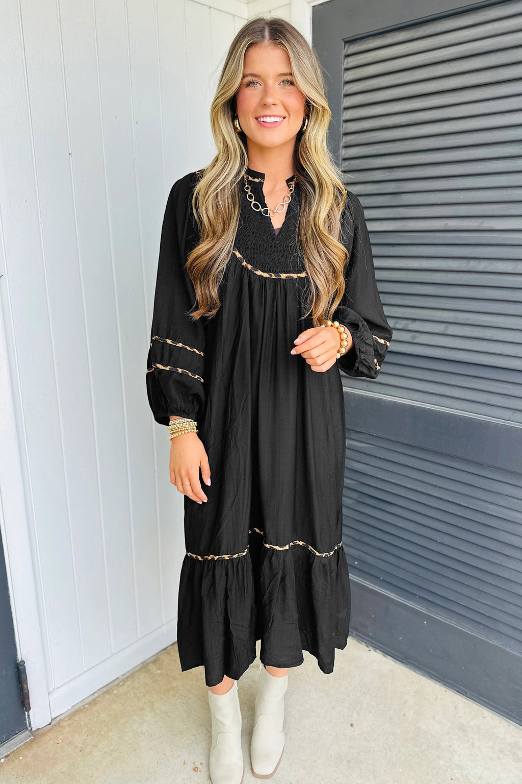 Women's Black Leopard Trim Split Neck Long Sleeve Midi Dress at LivelyLooks