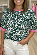 Women's Green Damask Print Ruffled Color Block Detail Half Sleeve Blouse at LivelyLooks