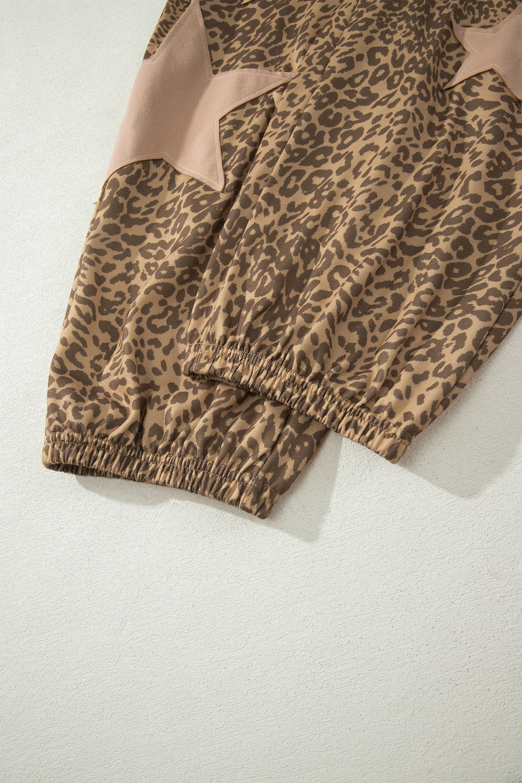Khaki Leopard Print Jogger Pants Star Patch Drawstring Elastic Waist Women S-XL