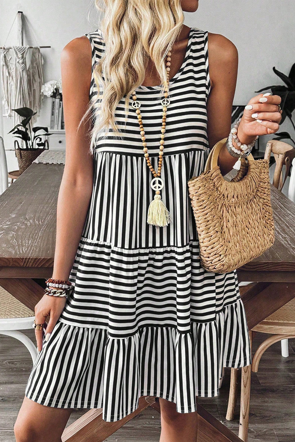 Women's Stripe U-Neck Sleeveless Loose Fit Mini Dress Pink Black Blue S-XL at LivelyLooks
