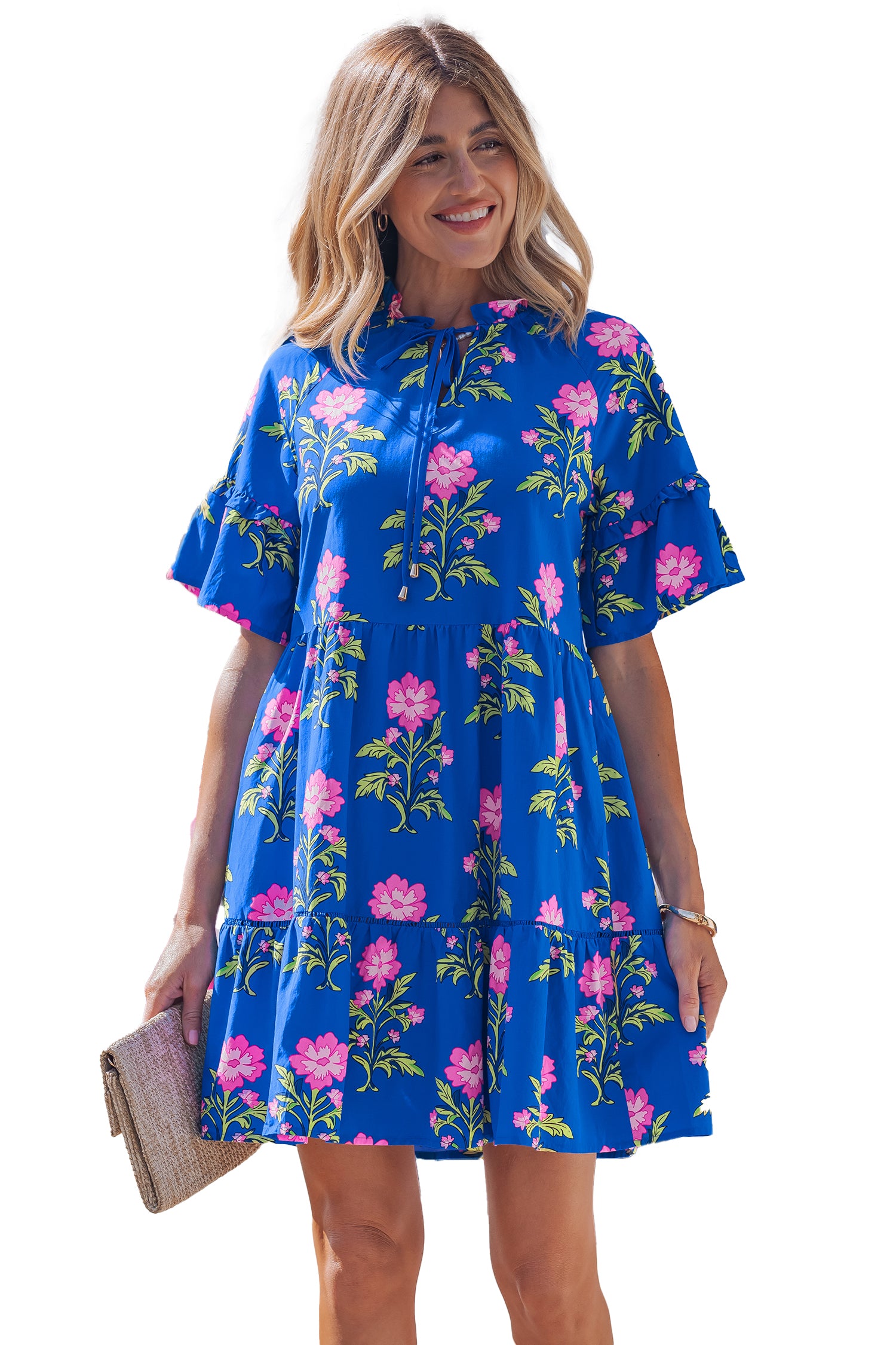Blue V Neck Short Sleeve Loose Floral Maxi Dress S-XL