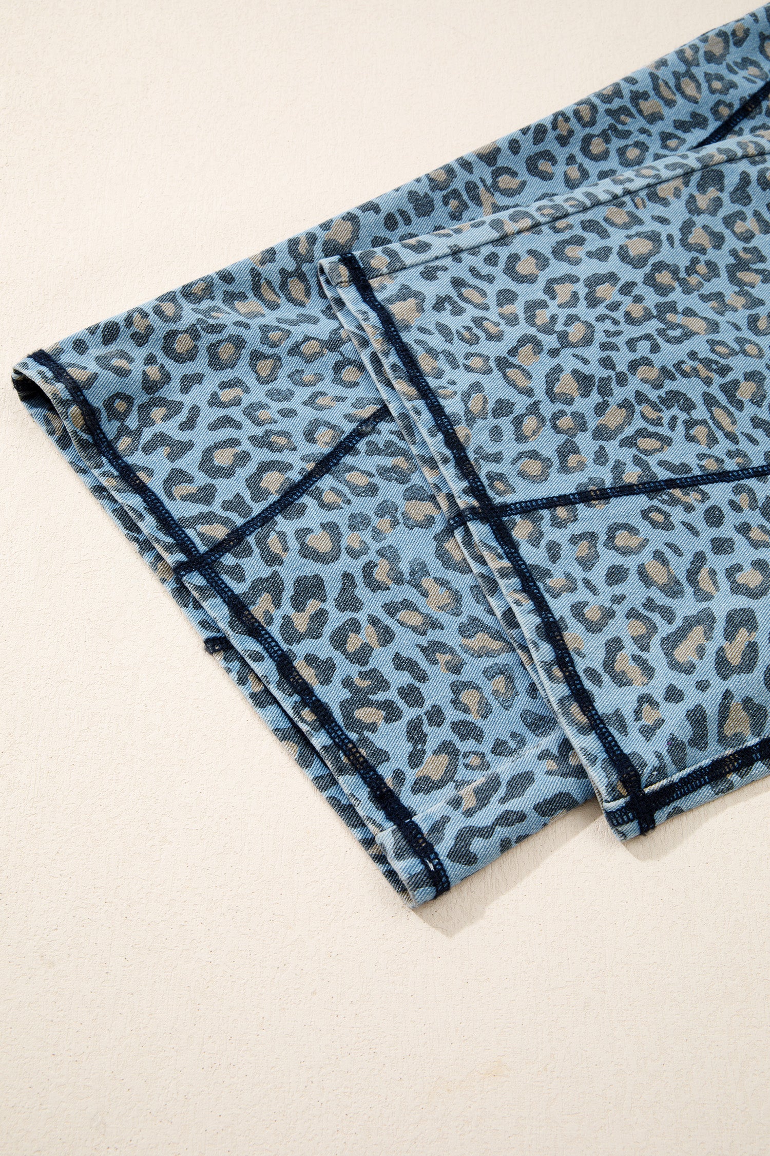 Shop Blue Leopard Print Exposed Seam Wide Leg Drawstring Jeans UK 8-20 at LivelyLooks