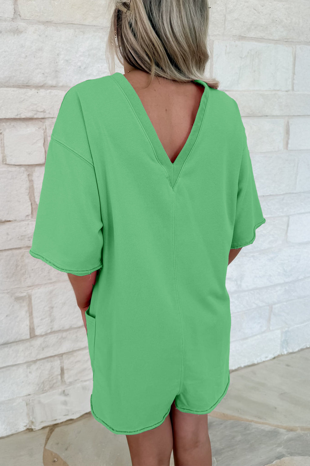 Women's Solid Colour Raw Edge Half Sleeve Pocketed Loose Romper | Green, Pink & Red | UK 8-22 at LivelyLooks