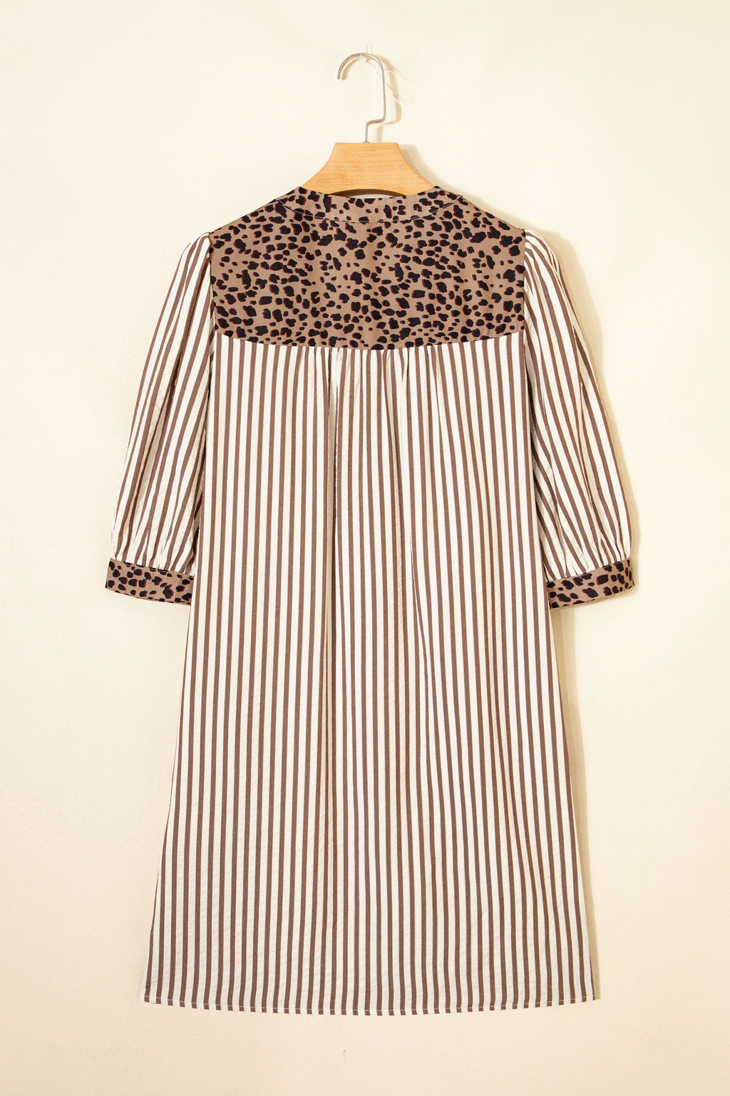 Women's Khaki Stripe Leopard Trim Button-Down Bracelet Sleeve Shirt Dress at LivelyLooks