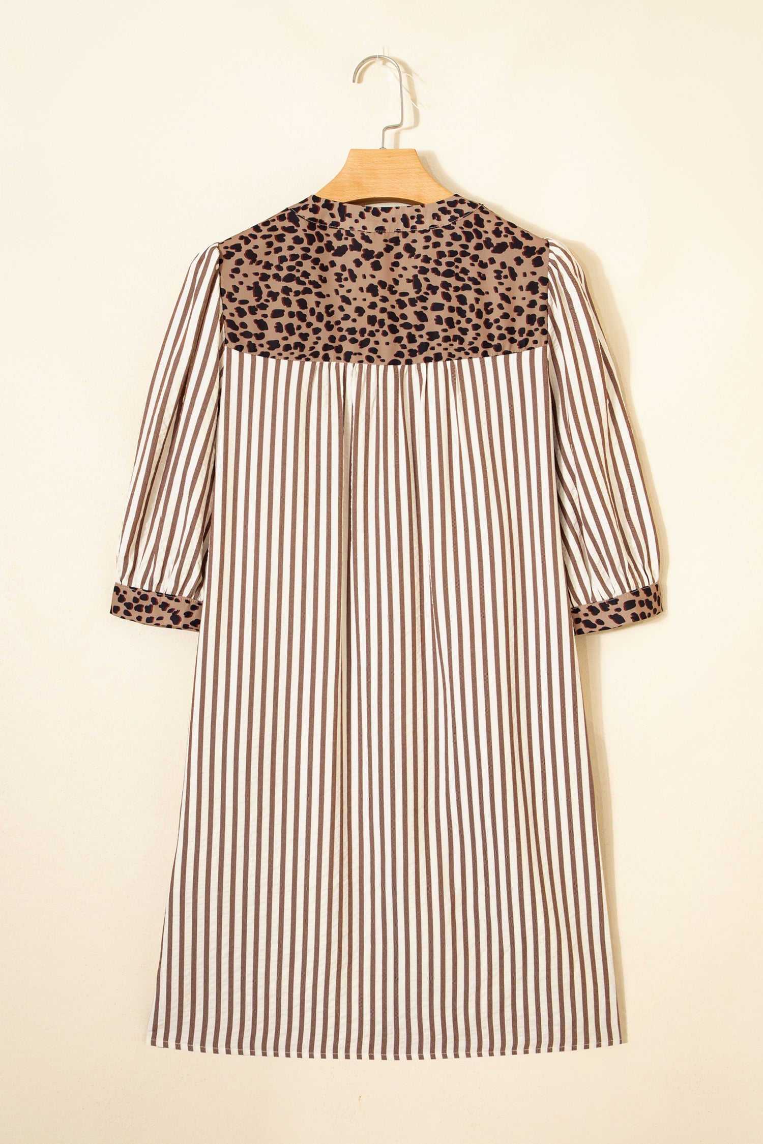 Women's Khaki Stripe Leopard Trim Button-Down Bracelet Sleeve Shirt Dress at LivelyLooks