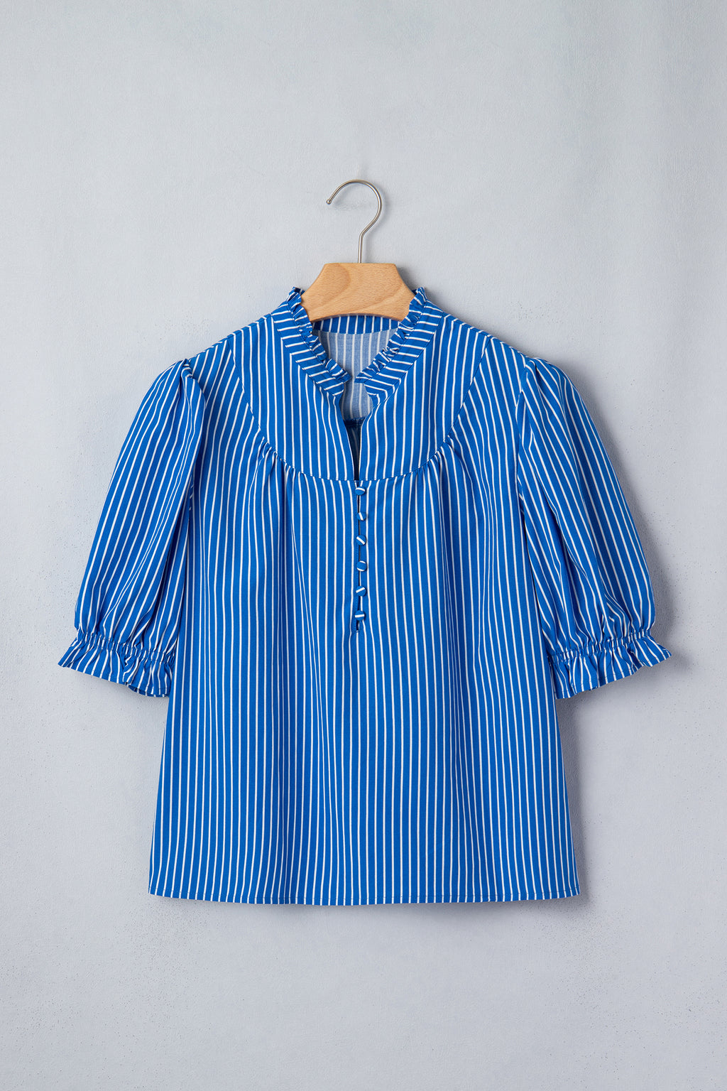 Women's Blue Stripe Puff Sleeve Blouse Ruffle Collar Button Front S-XL at LivelyLooks