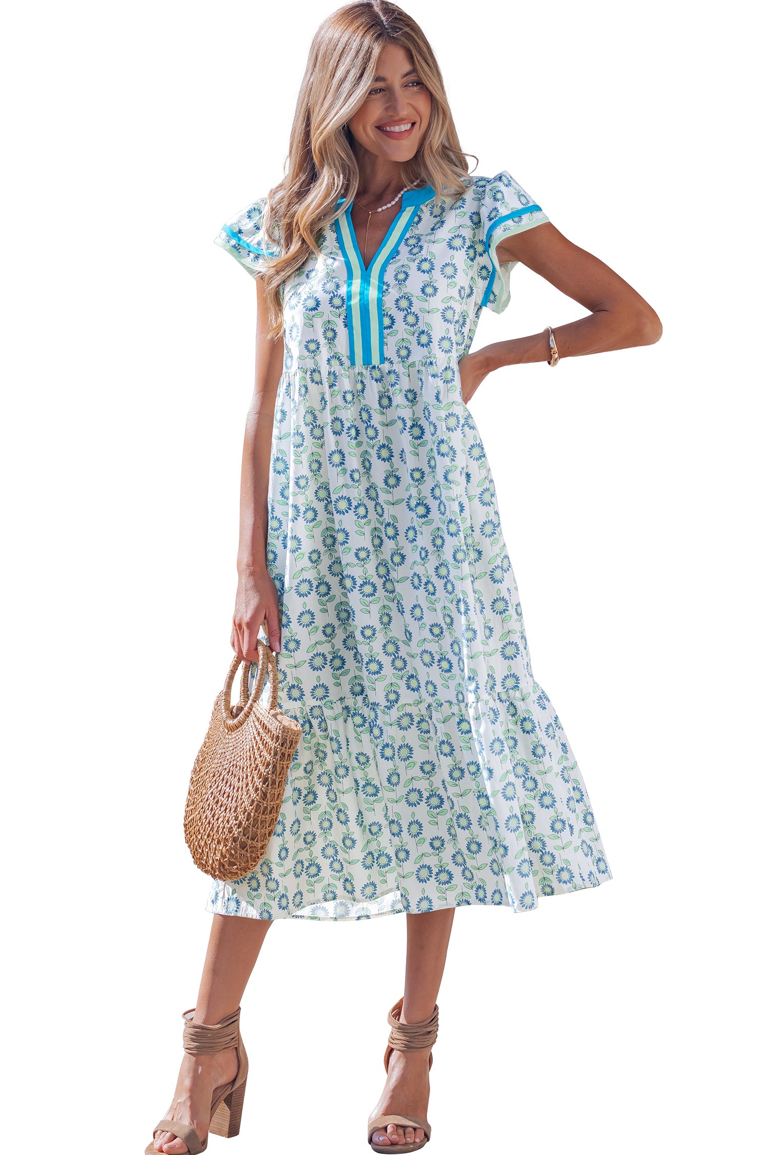 Sunflower Print Flutter Sleeve Maxi Dress Striped Trim Sky Blue Red UK 8-22