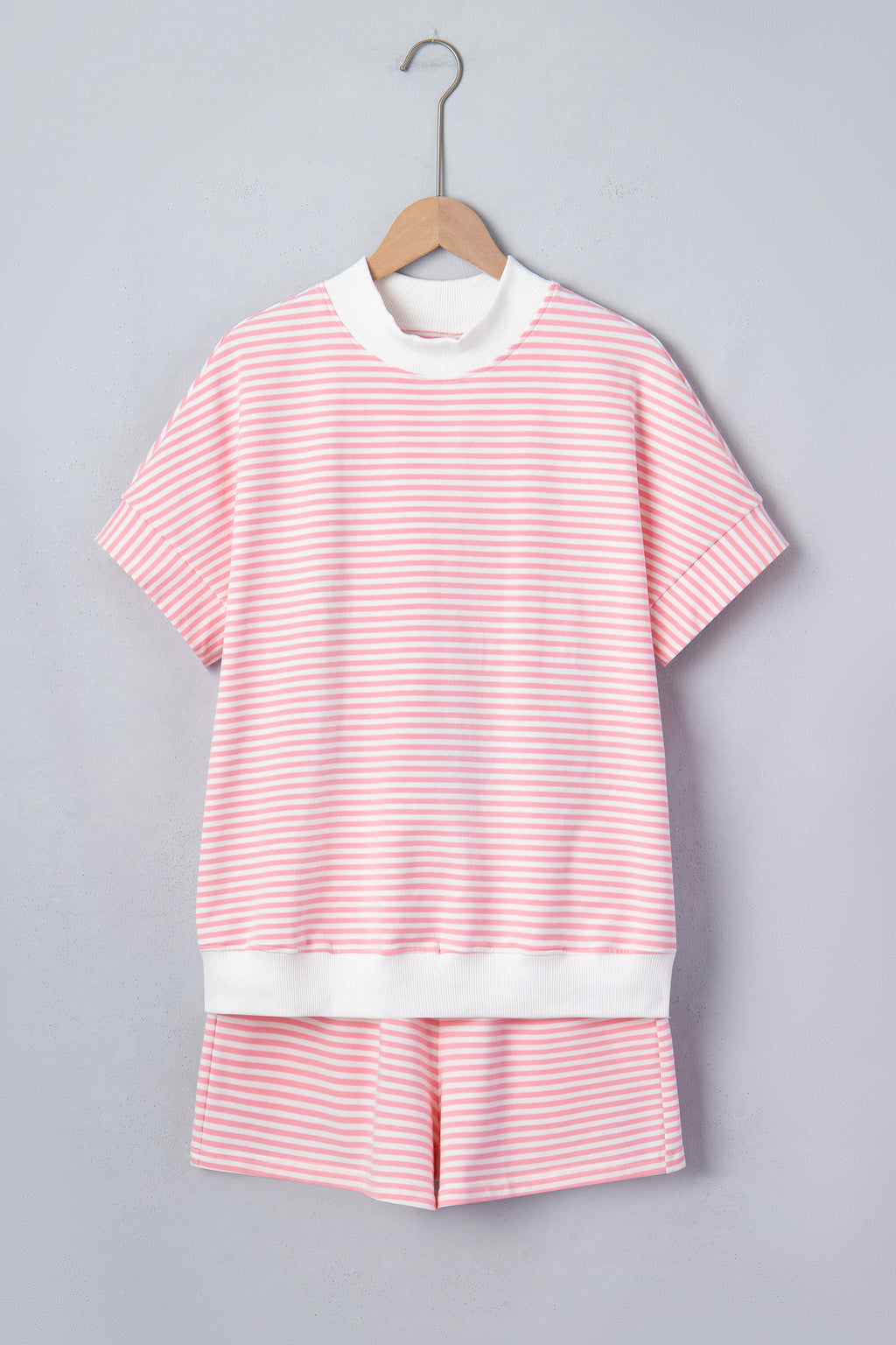 Striped Cuffed Sleeve Mock Neck Tee & Shorts Co-ord | Sky Blue, Pink & Green