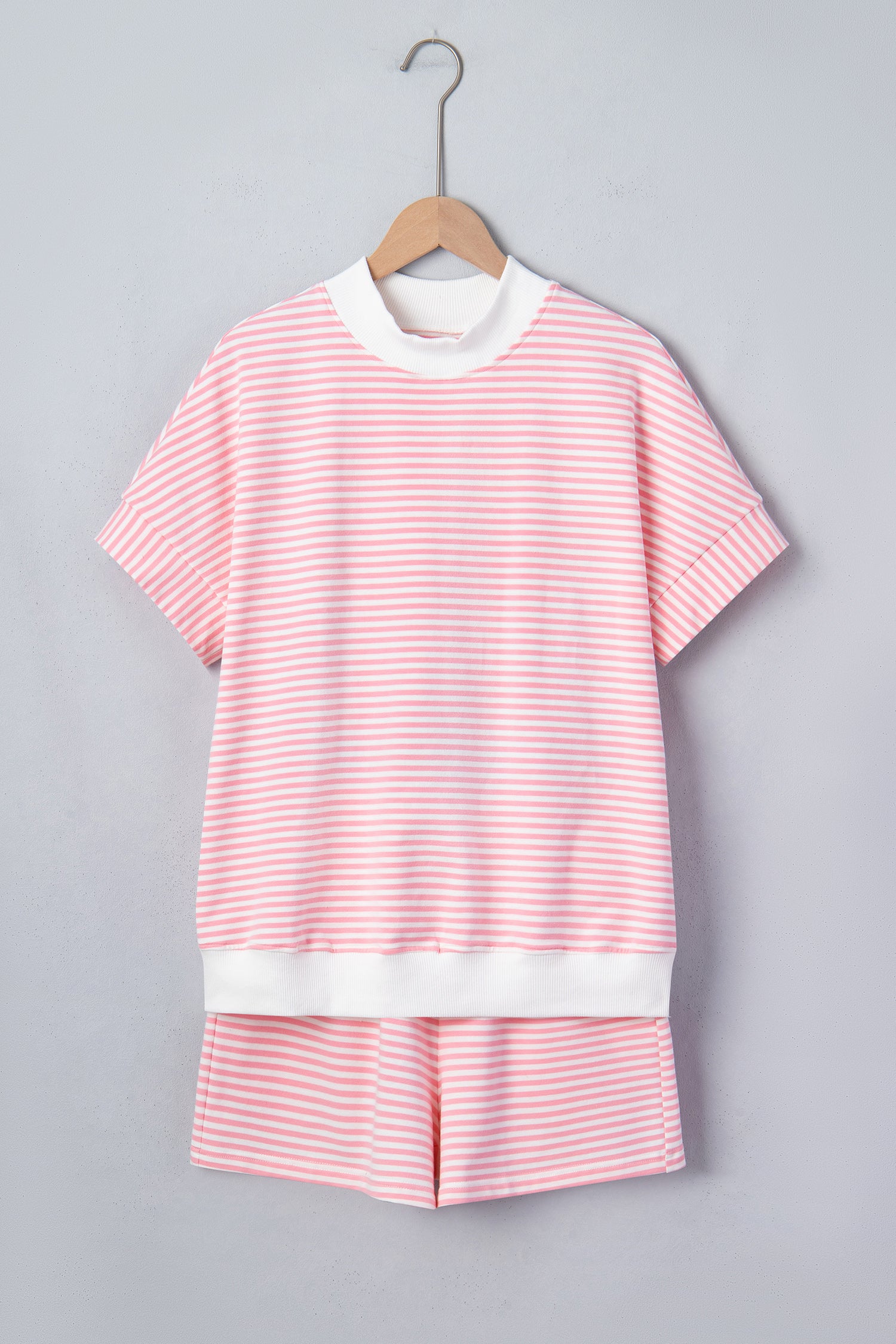 Striped Cuffed Sleeve Mock Neck Tee & Shorts Co-ord | Sky Blue, Pink & Green