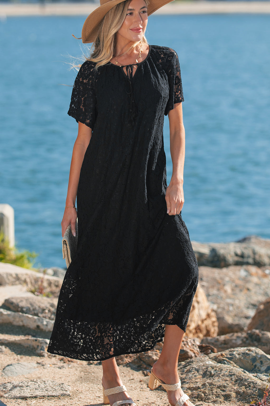 Black Floral Lace Overlay Tassel Tie Beach Vacation Maxi Dress S-XL