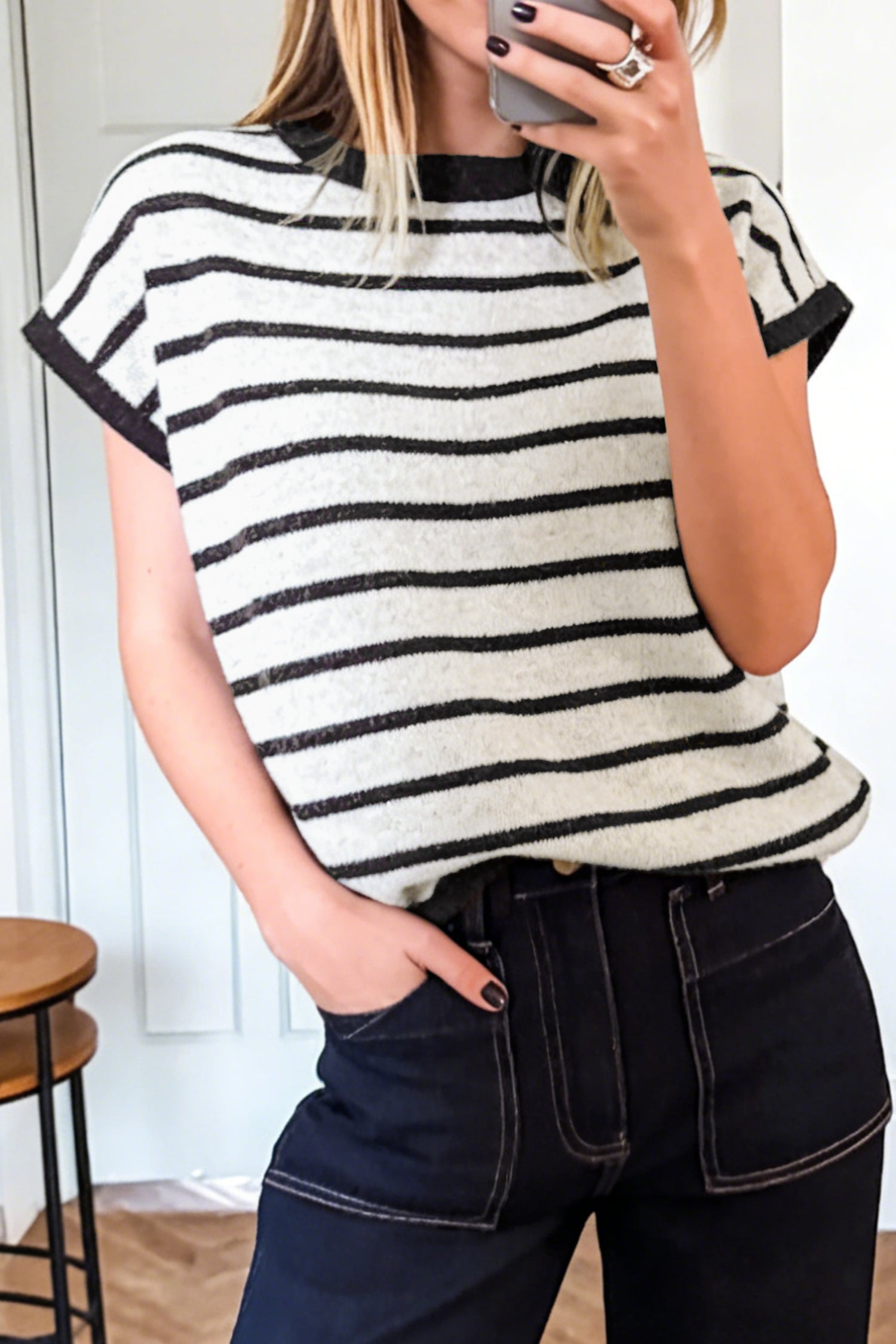 Women's Black Stripe Bow Applique Short Sleeve Sweater at LivelyLooks