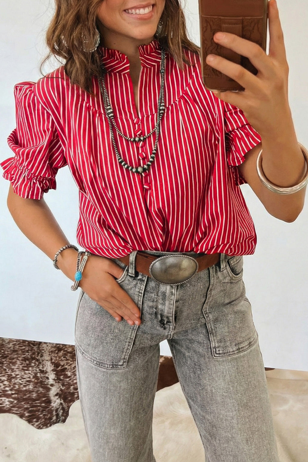 Red Stripe Ruffled Blouse Short Puff Sleeve Button Front Gathered Collar S-XL