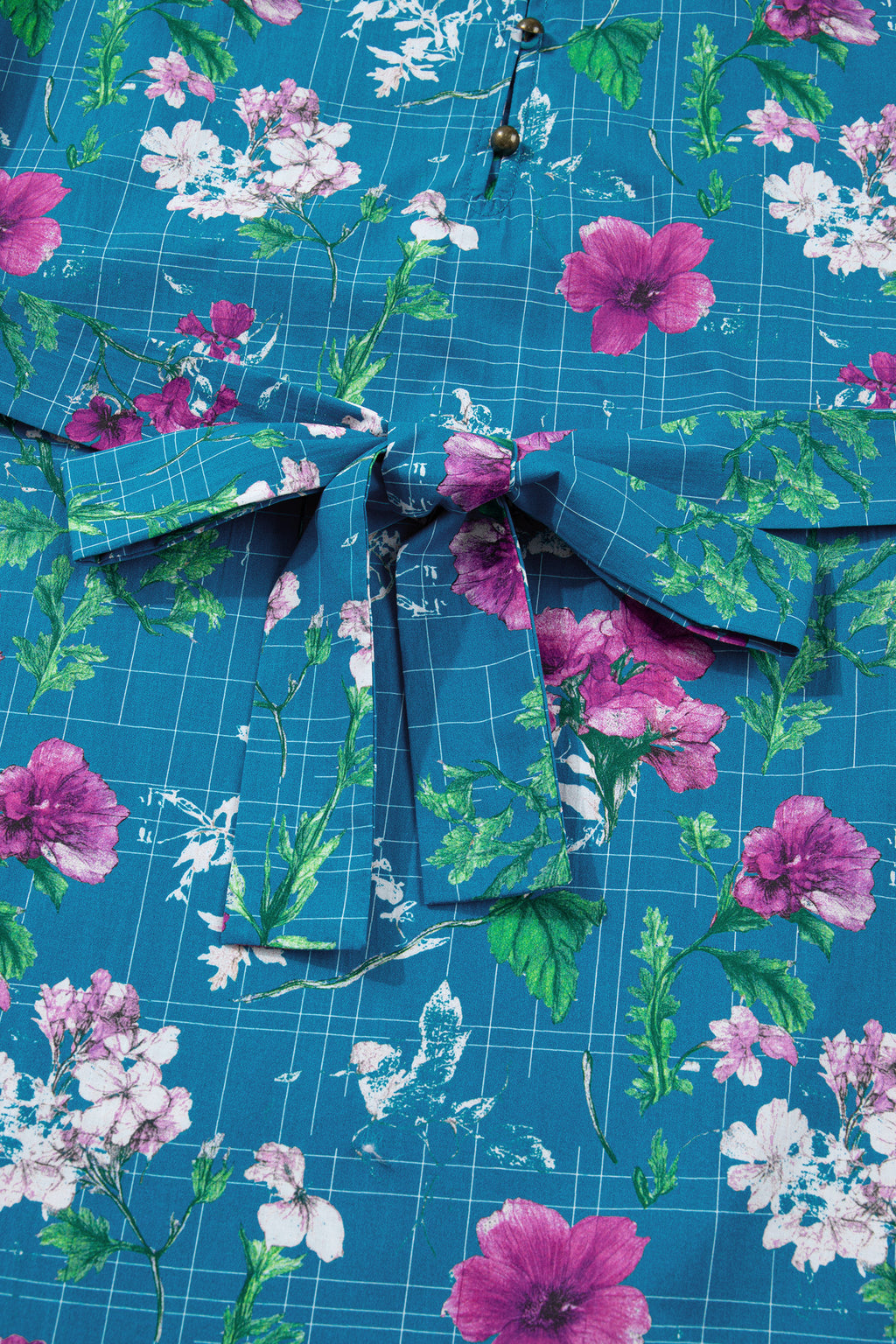 Blue Floral Flutter Sleeve Button Tie Split Neck Belted Long Dress S-XL