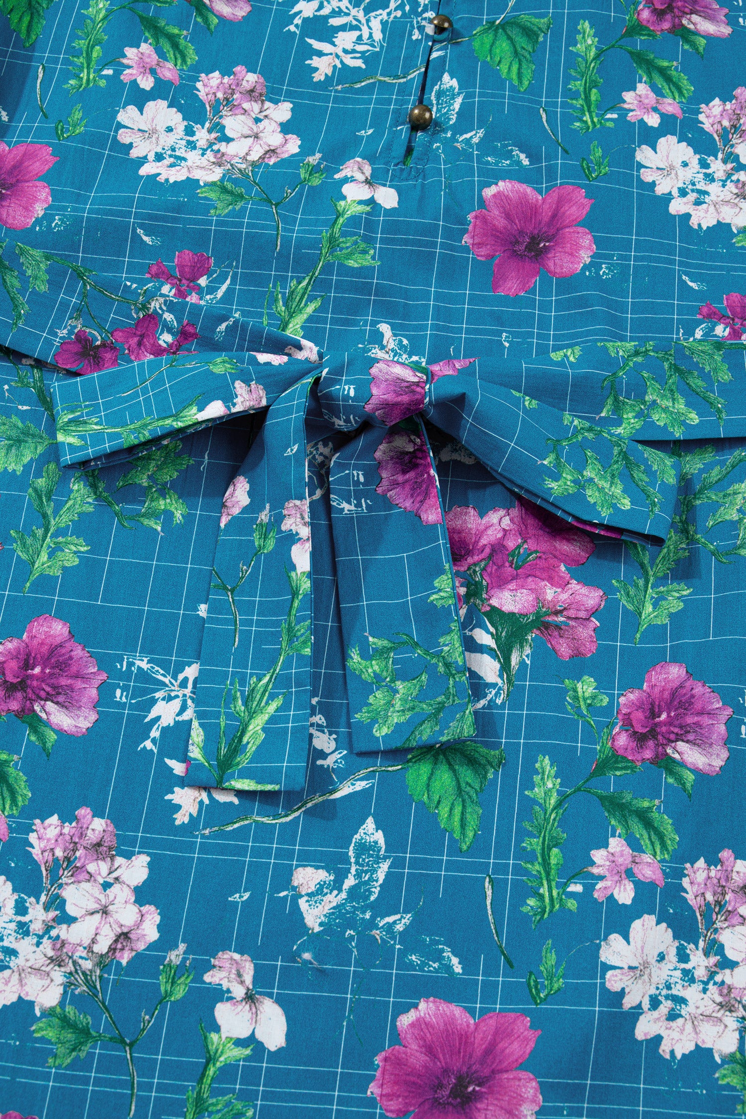 Blue Floral Flutter Sleeve Button Tie Split Neck Belted Long Dress S-XL