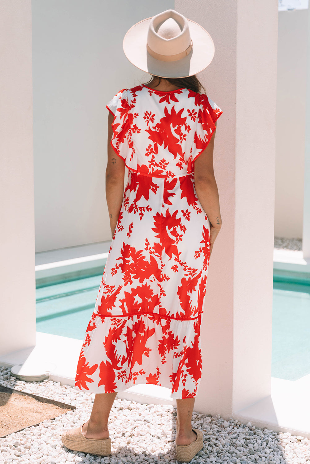 Red Floral Print Trimmed V Neck Ruffle Sleeve Long Dress S-XL