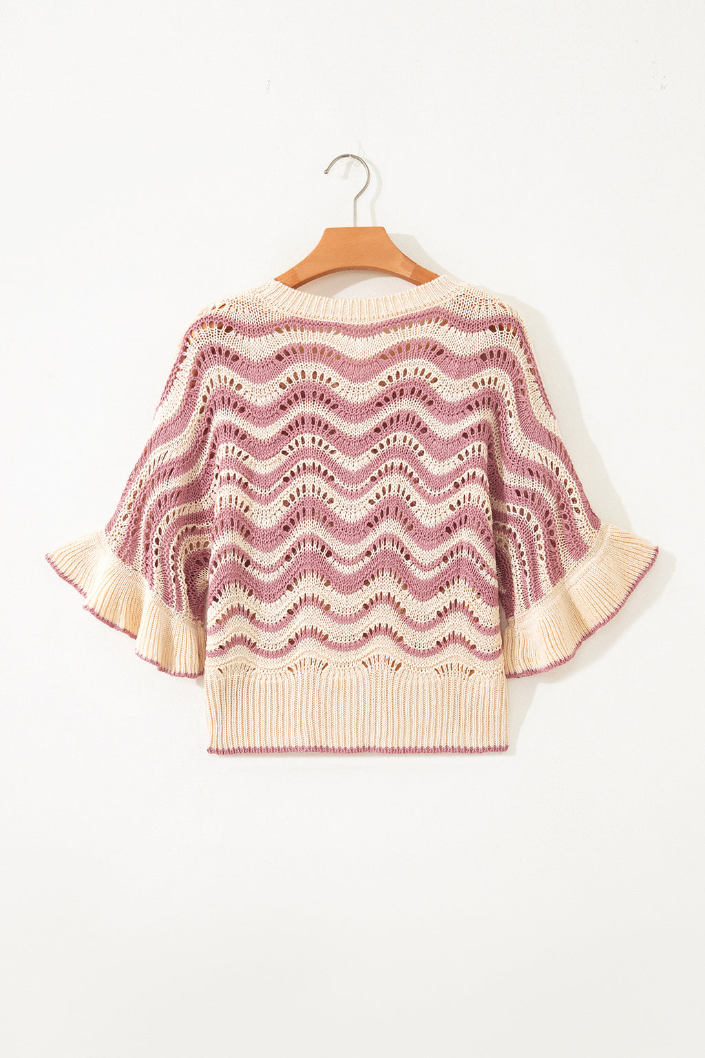 Shop Black Stripe Wavy Crochet Eyelet Detail Ruffle Half Sleeve Sweater at LivelyLooks