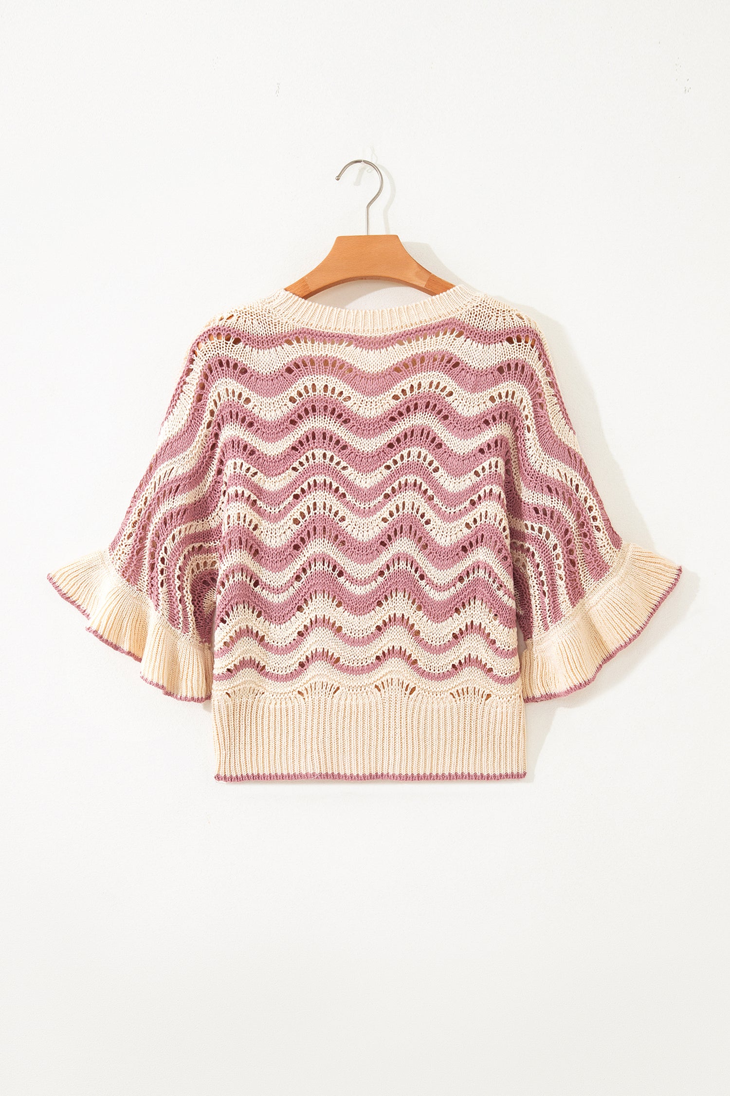Shop Black Stripe Wavy Crochet Eyelet Detail Ruffle Half Sleeve Sweater at LivelyLooks