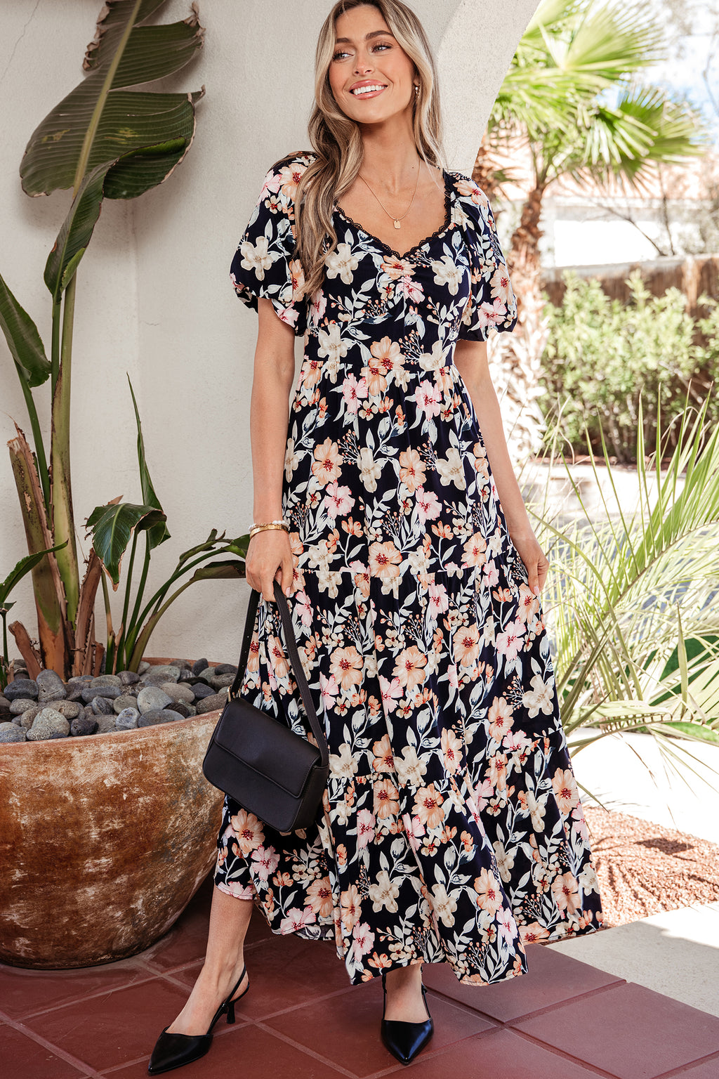 Women's Blue Floral Smocked High Waist Short Sleeve Maxi Dress at LivelyLooks
