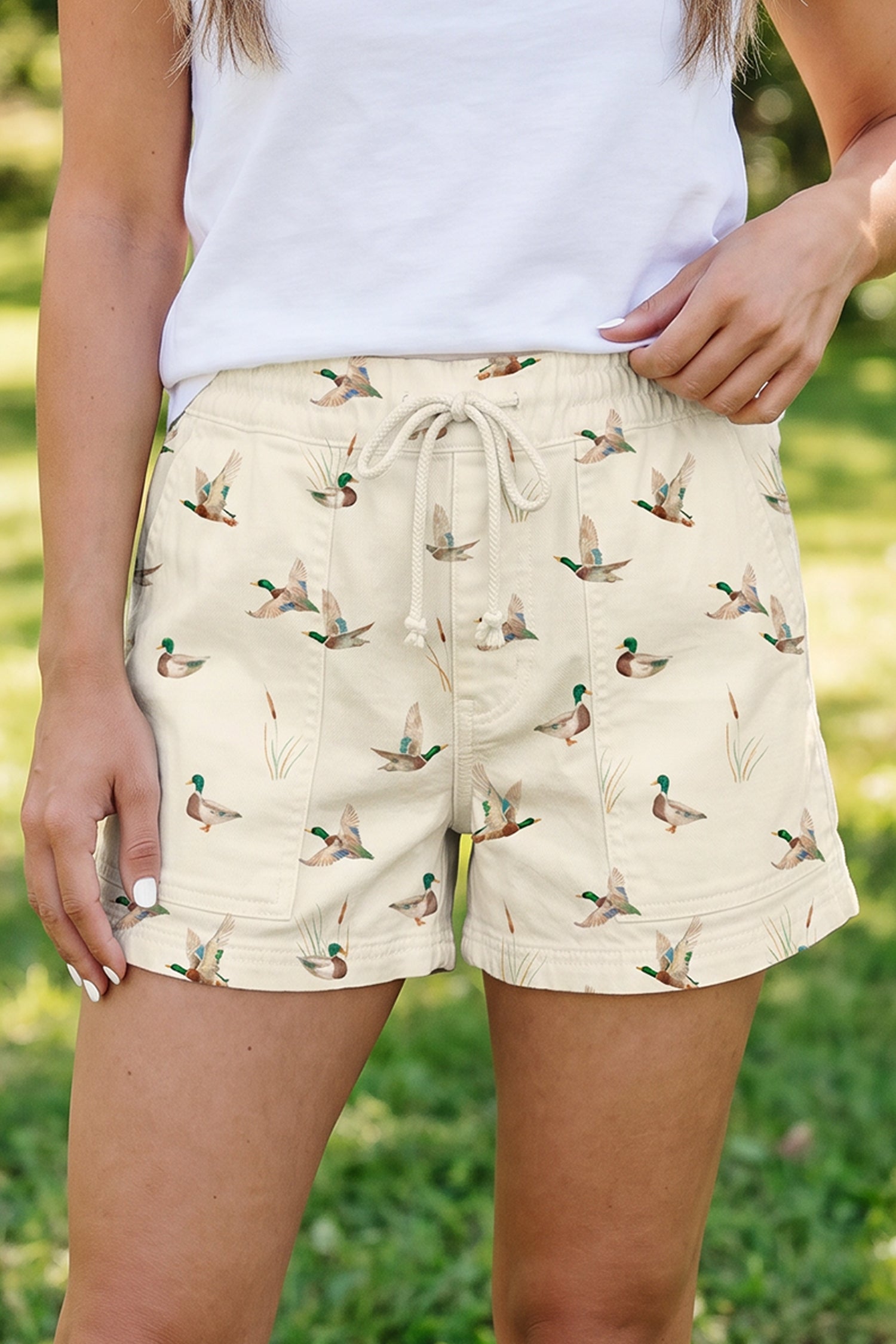 Beige Mallard Print Drawstring Denim Shorts UK 4-16